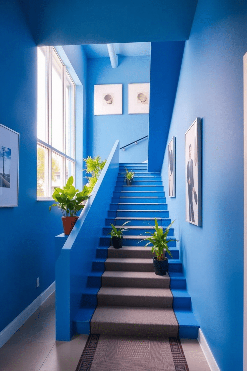 A bright blue stairwell features a stunning staircase with a sleek, modern design that draws the eye upward. Large windows on either side flood the space with natural light, enhancing the vibrant blue hues and creating an airy atmosphere. The walls are adorned with minimalist artwork that complements the staircase's color, while a stylish runner adds texture and warmth underfoot. Potted plants are strategically placed on the landing, bringing a touch of greenery to this striking architectural feature.