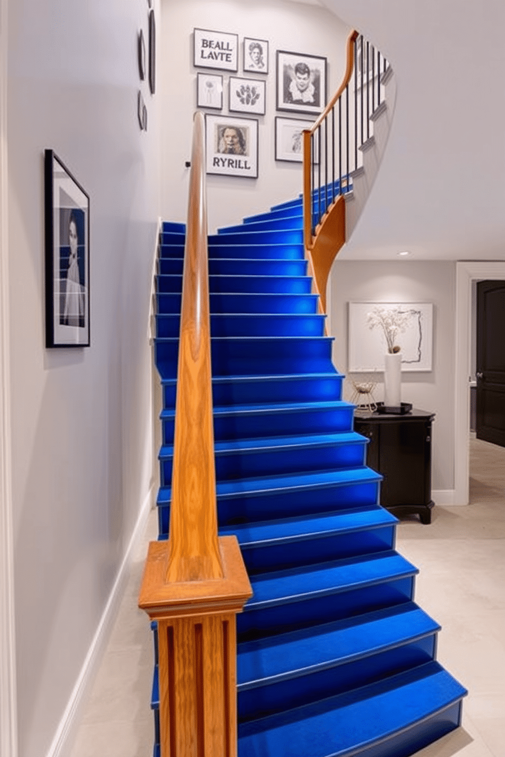 A stunning gradient blue staircase flows seamlessly from light to dark, creating a striking visual impact in the entryway. The handrail is crafted from polished wood, complementing the rich hues of the blue steps and adding warmth to the overall design. The staircase is illuminated by recessed lighting that highlights the gradient effect, enhancing the sense of depth and dimension. Surrounding the staircase, a minimalist gallery wall showcases a curated selection of modern art pieces, drawing the eye upward and inviting exploration.