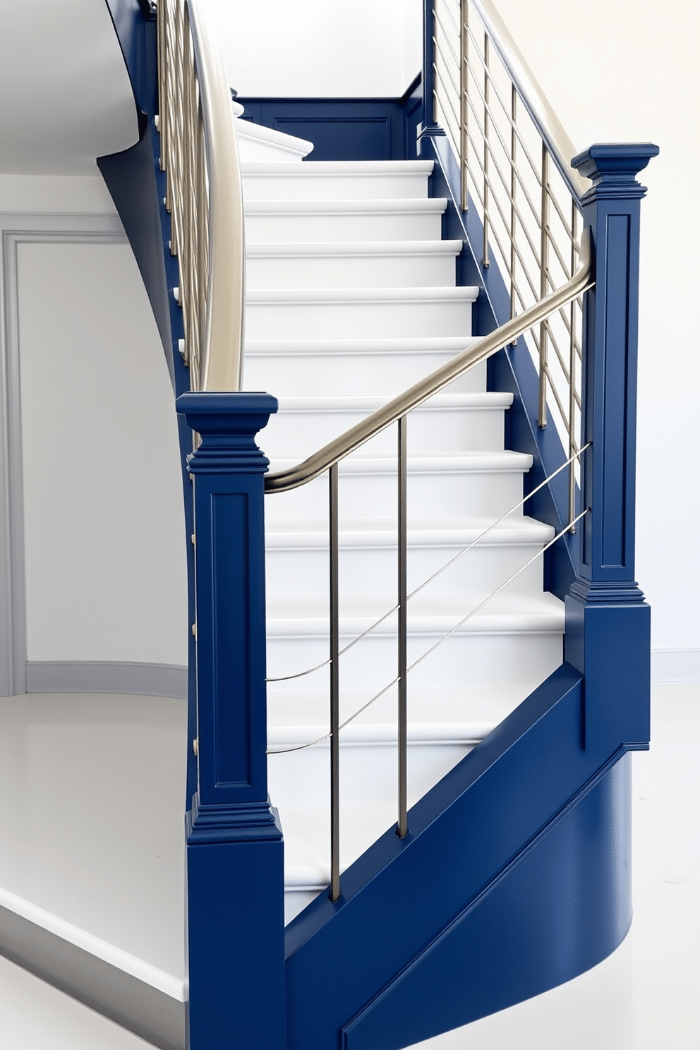 A striking staircase features navy blue painted risers that create a bold contrast against pristine white treads. The elegant design is complemented by sleek metal railings, enhancing the modern aesthetic of the space.