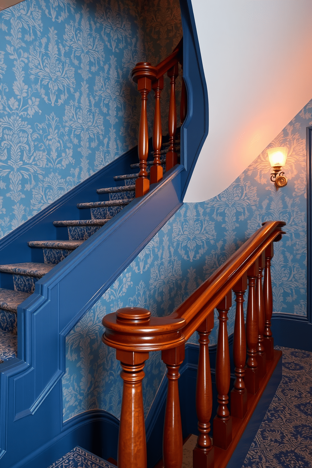 A stunning staircase adorned with vintage blue wallpaper that features intricate floral patterns, creating a timeless elegance. The blue staircase is complemented by a polished wooden banister and warm, ambient lighting that highlights the wallpaper's details.