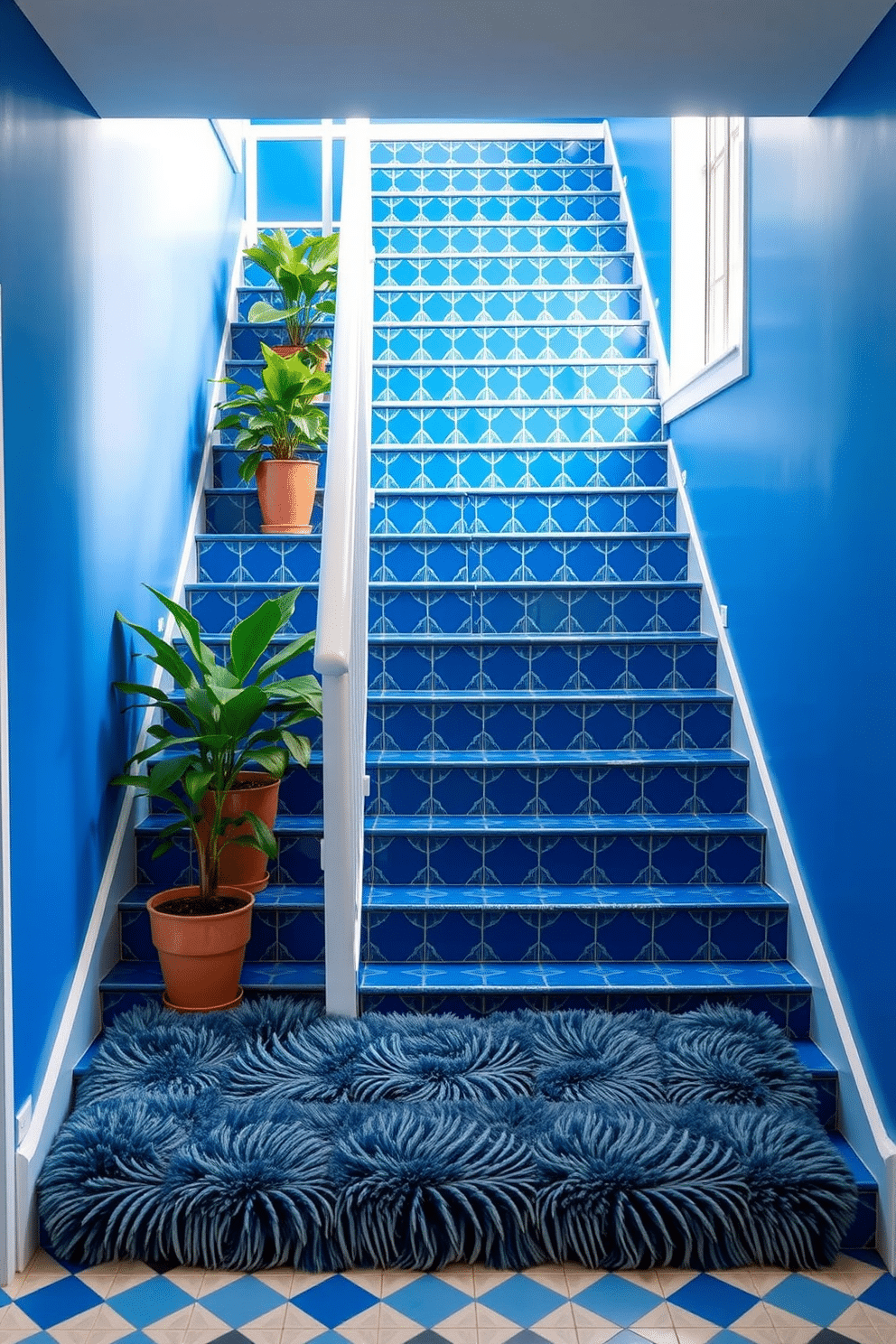 A stunning blue staircase features a striking geometric pattern on the tiles, creating a bold visual statement. The staircase is framed by sleek white railings, enhancing the modern aesthetic and allowing natural light to illuminate the vibrant colors. At the base, a plush area rug in complementary tones adds warmth and texture, inviting guests to explore further. Potted plants are strategically placed along the staircase, bringing a touch of greenery and life to the space.