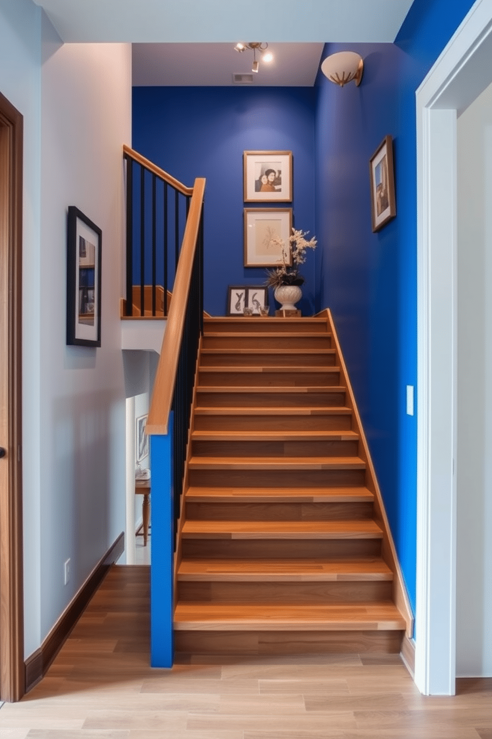 A striking bold blue accent wall enhances the visual appeal of a modern staircase, creating a stunning focal point in the entryway. The staircase features sleek wooden steps with a minimalist railing, allowing the vibrant wall color to stand out beautifully. The blue accent wall is complemented by carefully curated artwork and decorative elements that add personality to the space. Soft lighting fixtures illuminate the staircase, highlighting the interplay between the blue wall and the natural wood tones of the stairs.