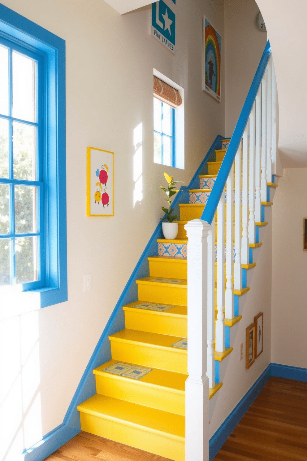 A playful staircase featuring a vibrant blue railing and steps painted in a cheerful yellow hue. The walls are adorned with whimsical artwork, and natural light floods the space through a nearby window, creating a lively atmosphere. The staircase design incorporates a mix of geometric patterns on the risers, adding visual interest and fun to the overall look. A small potted plant sits on the landing, enhancing the playful vibe while bringing a touch of nature indoors.