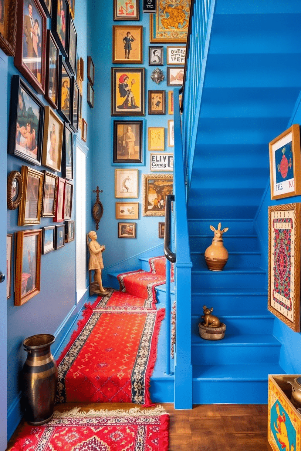 A bright blue staircase ascends gracefully, featuring a mix of eclectic decor elements that create a vibrant atmosphere. The walls are adorned with an array of framed artwork, while colorful rugs line the steps, adding warmth and texture to the space.