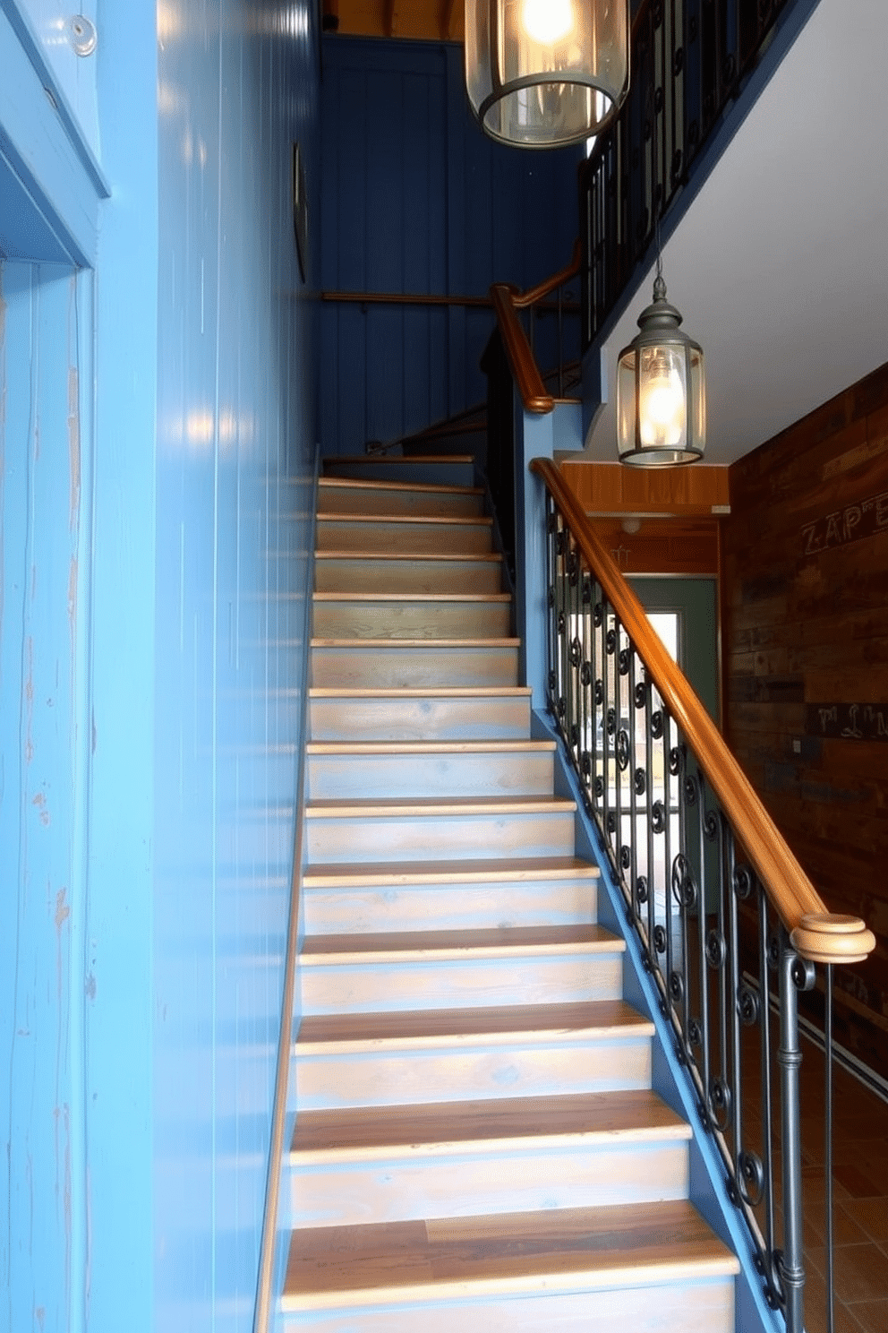 A rustic blue staircase made from reclaimed wood leads to an upper level. The stairs are accented with wrought iron railings and adorned with vintage-style pendant lights that cast a warm glow.