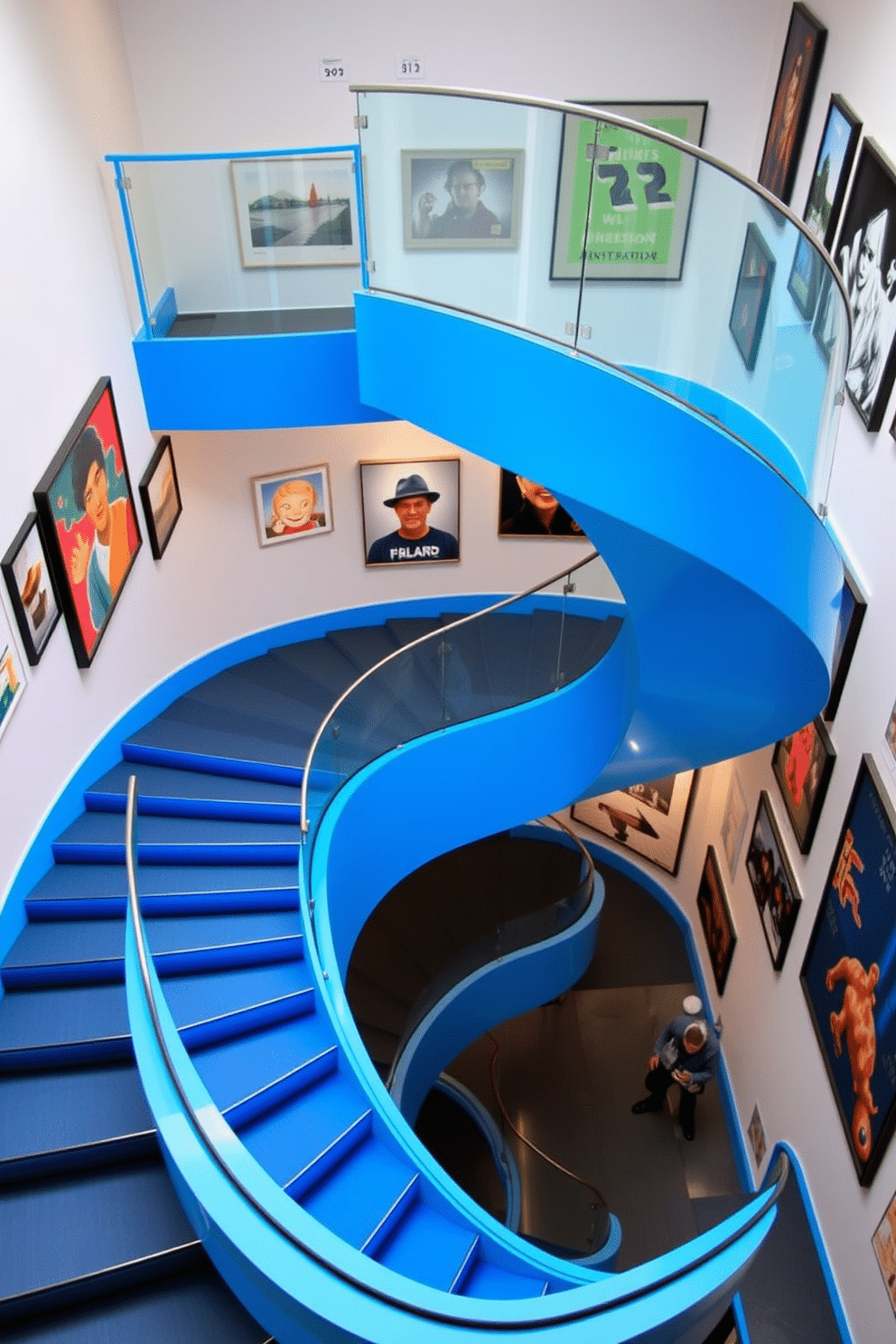 A bright blue staircase spirals elegantly upward, featuring a sleek glass railing that enhances its modern appeal. The walls flanking the staircase are adorned with contemporary artwork, creating a vibrant gallery atmosphere that invites exploration.