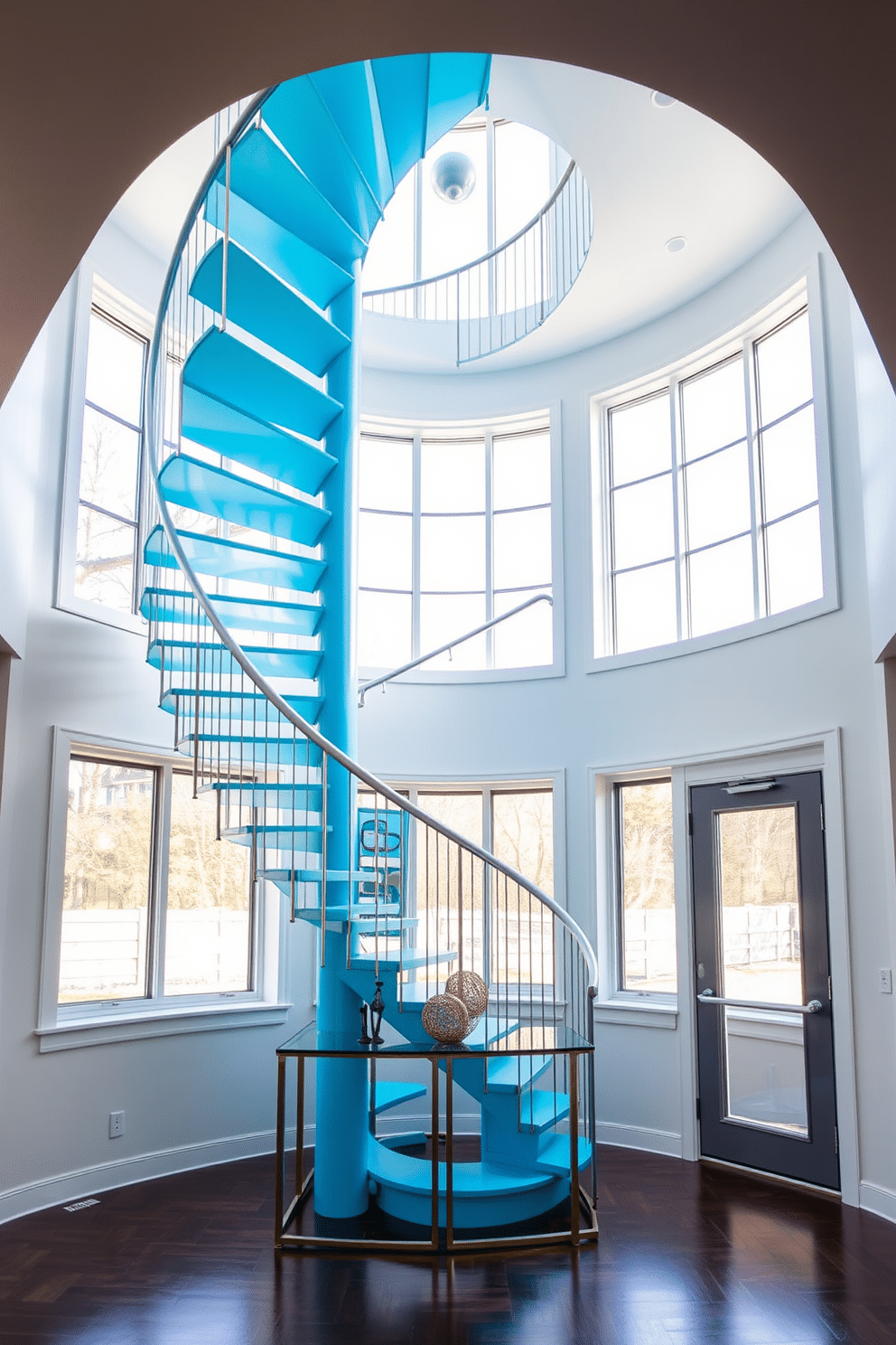 A stunning sky blue spiral staircase spirals elegantly upwards, featuring sleek metal accents that enhance its modern aesthetic. The staircase is surrounded by large windows, allowing natural light to flood the space and illuminate the vibrant color. At the base of the staircase, a minimalist console table with a glass top complements the design, adorned with a few carefully selected decorative items. The walls are painted in a soft white, creating a striking contrast with the eye-catching blue of the staircase.