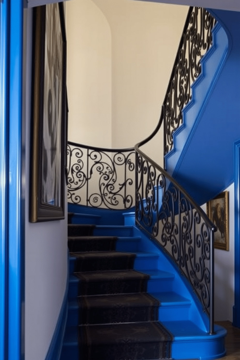 Elegant blue staircase with wrought iron railing. The staircase features a rich blue hue that complements the surrounding decor, creating a striking focal point in the entryway. The wrought iron railing boasts intricate designs, adding a touch of sophistication and artistry. Soft, ambient lighting illuminates the staircase, enhancing its elegance and inviting warmth.