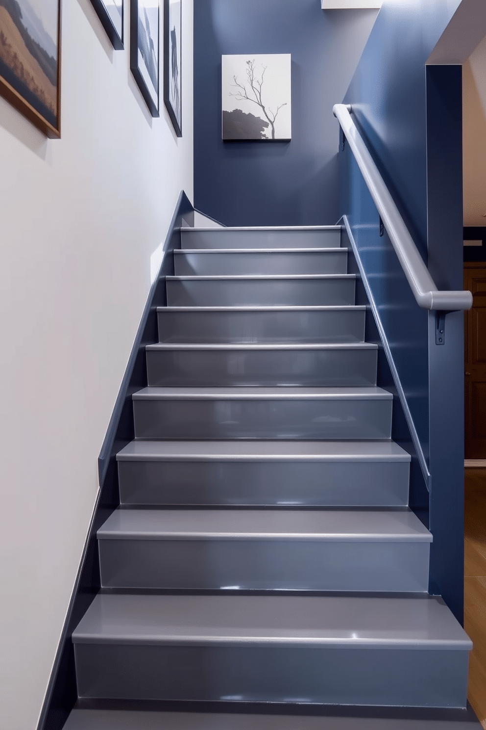 A stunning two-tone staircase features a blend of deep navy blue and soft gray hues, creating a striking visual contrast. The steps are elegantly finished with a smooth, polished surface, while the handrail showcases a sleek modern design in a matching gray tone. The walls alongside the staircase are adorned with minimalist artwork that complements the color scheme, enhancing the overall aesthetic. Soft, ambient lighting illuminates the staircase, highlighting the rich textures and colors of the design.