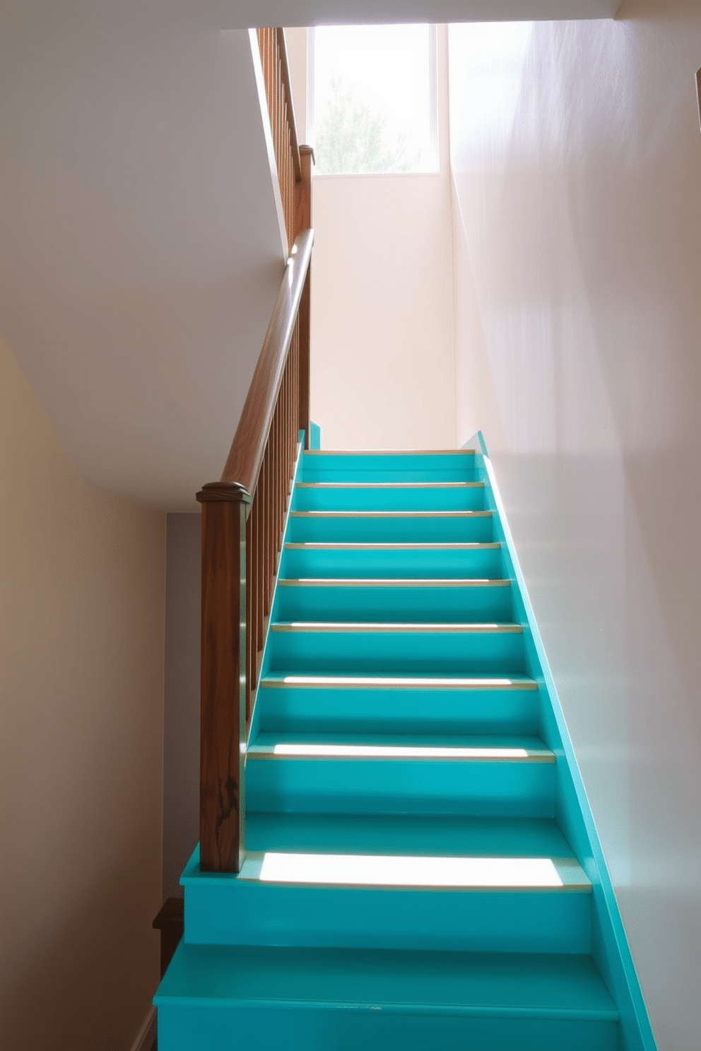 Bright turquoise steps lead up to a sunlit landing, creating a vibrant focal point in the space. The wooden handrail, stained in a warm walnut finish, contrasts beautifully with the lively color of the stairs, enhancing the inviting atmosphere.