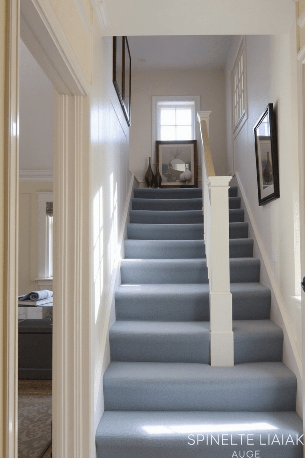 A cozy staircase features soft blue carpeting that invites warmth and comfort. The walls are painted in a light cream color, complementing the tranquil hue of the stairs and creating an airy atmosphere. At the top of the staircase, a small landing area includes a stylish console table adorned with decorative items. Natural light streams in from a nearby window, enhancing the serene ambiance of this inviting space.