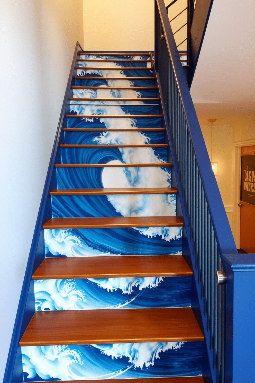 Ocean wave mural on stair risers, creating a vibrant and dynamic visual effect as you ascend. The mural features shades of blue and white, capturing the movement and energy of the ocean. The staircase is designed with a sleek, modern aesthetic, featuring a deep blue finish that complements the mural. Elegant metal railings add a touch of sophistication, enhancing the overall coastal theme.