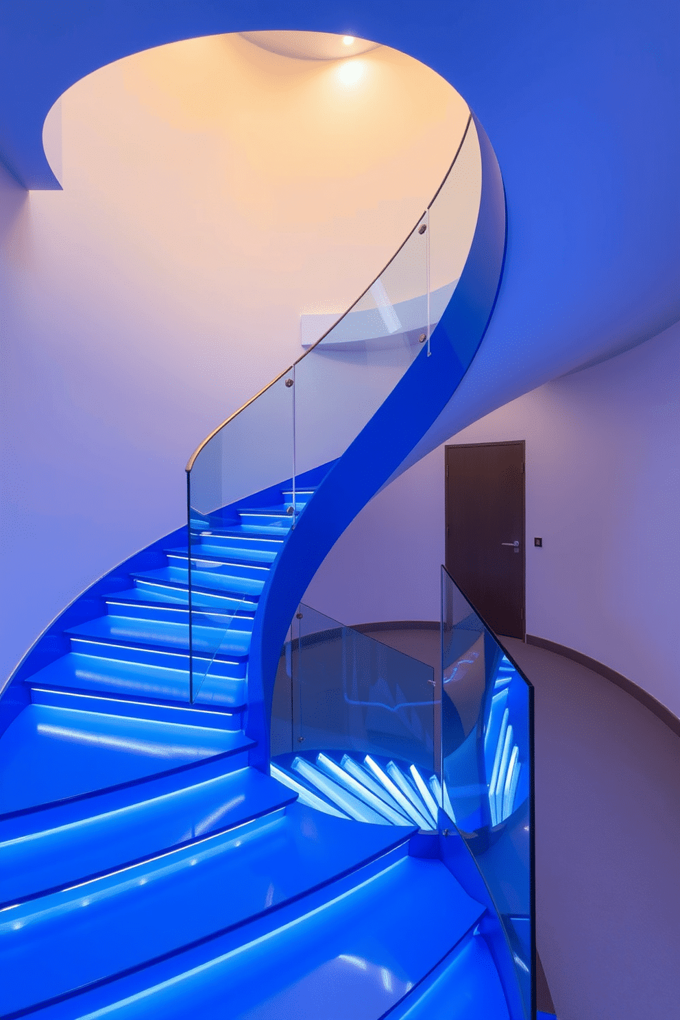 A striking cobalt blue staircase spirals elegantly upward, illuminated by soft LED lighting that highlights its bold color. The sleek design features a glass railing that complements the modern aesthetic, creating a stunning focal point in the entryway.