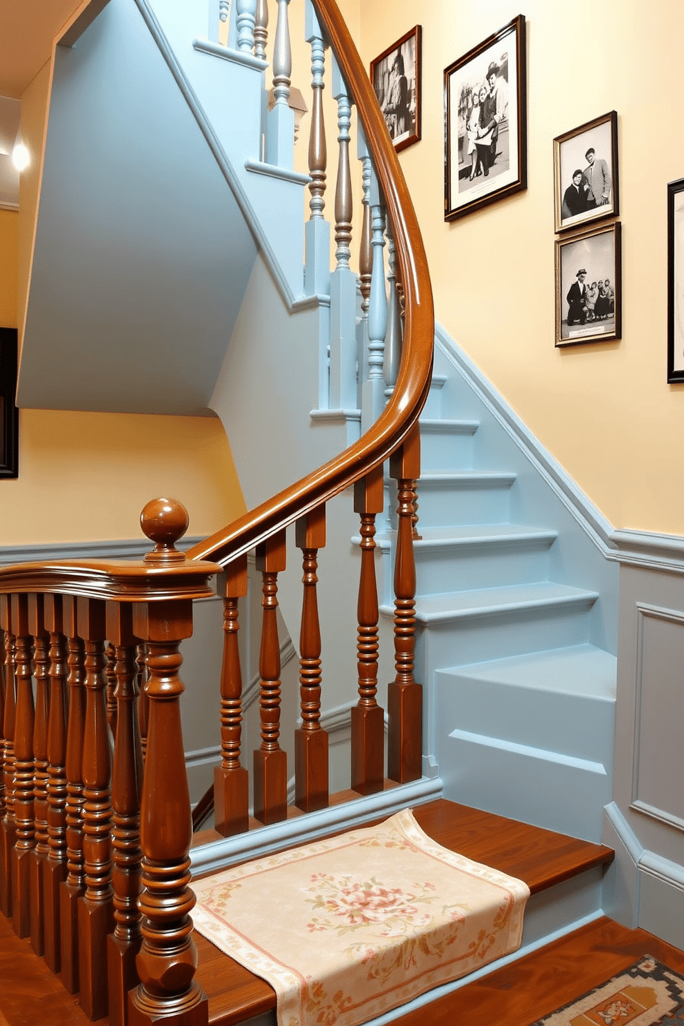 A pastel blue staircase with vintage charm features intricately carved wooden balusters and a polished handrail that complements the soft hue. The steps are adorned with a delicate floral runner, enhancing the staircase’s inviting and nostalgic atmosphere. The walls alongside the staircase are painted in a warm cream tone, creating a harmonious contrast with the pastel blue. Vintage black-and-white photographs are framed and hung along the walls, adding character and a sense of history to the space.