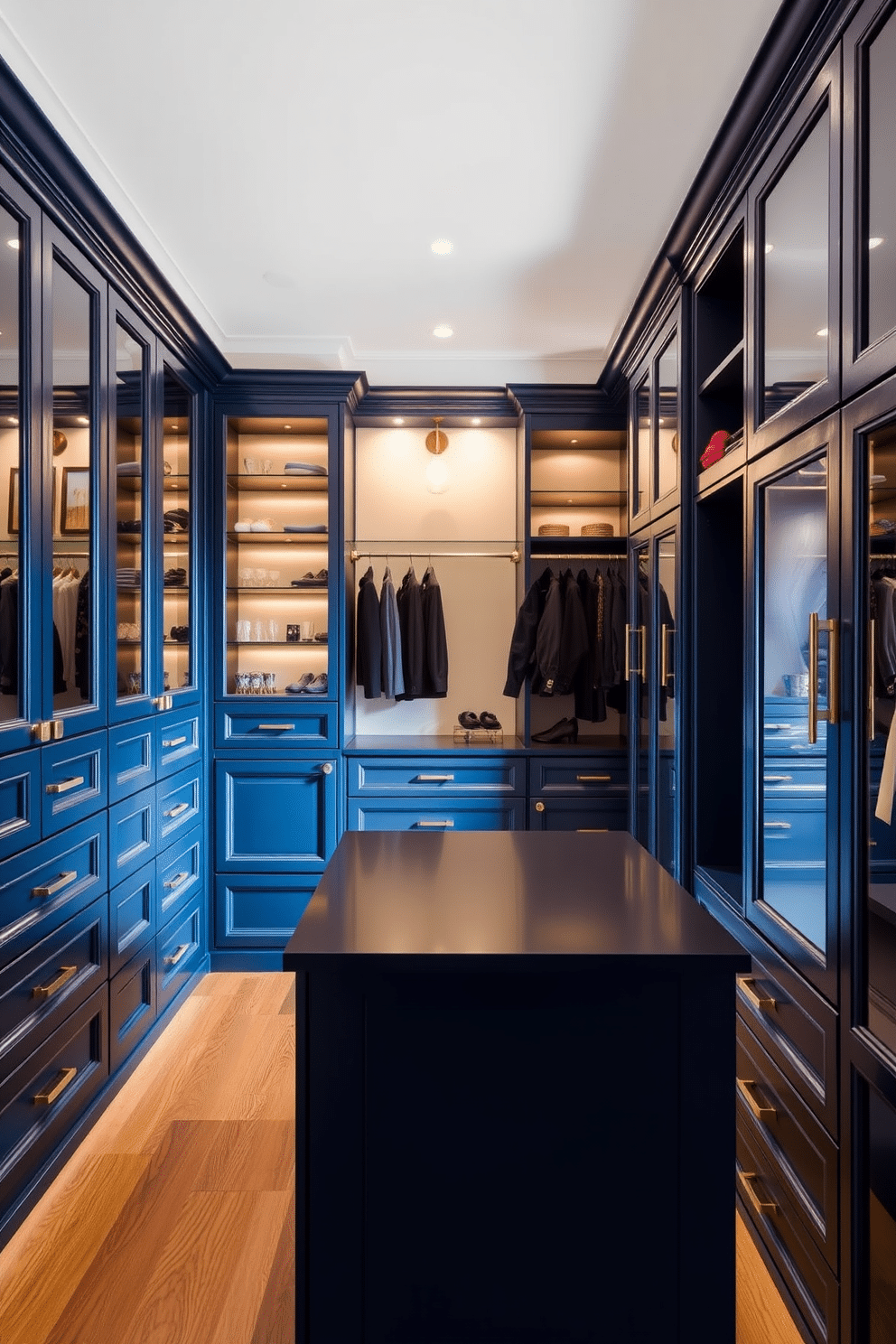 Elegant navy blue cabinetry with gold accents creates a luxurious atmosphere in the walk-in closet. The cabinetry features sleek lines and intricate detailing, complemented by gold hardware that adds a touch of glamour. The spacious layout allows for ample storage, with open shelving for displaying accessories and closed cabinets for keeping items neatly tucked away. Soft lighting illuminates the space, enhancing the rich navy tones and creating a warm, inviting ambiance.