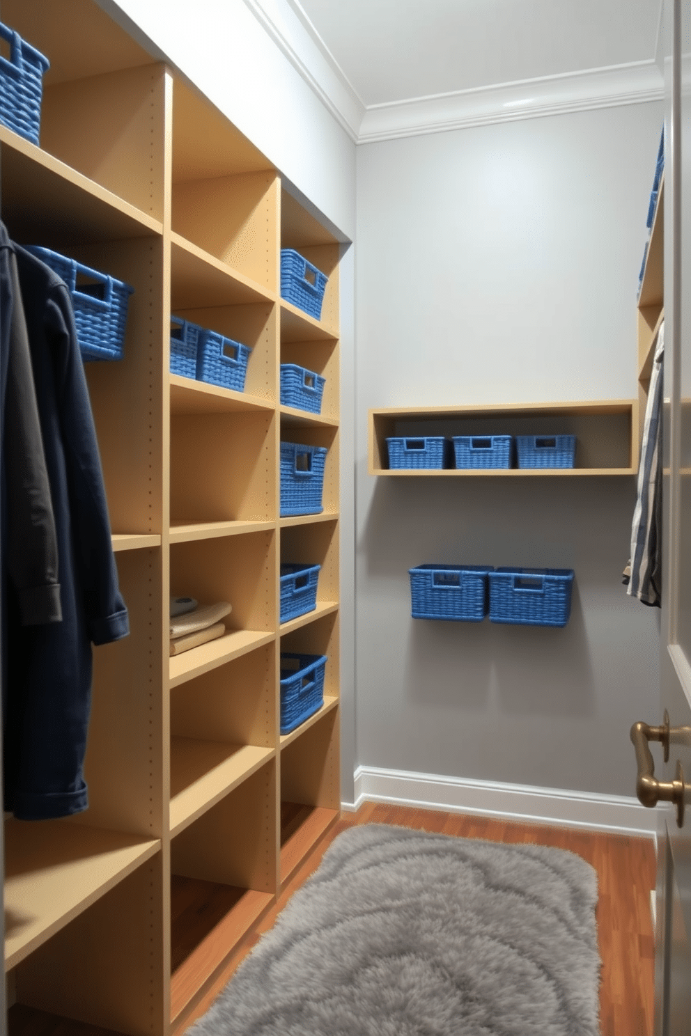 A stylish walk-in closet features open shelving adorned with blue baskets for organized storage. The walls are painted in a soft gray, and a plush area rug adds warmth underfoot, creating an inviting atmosphere.