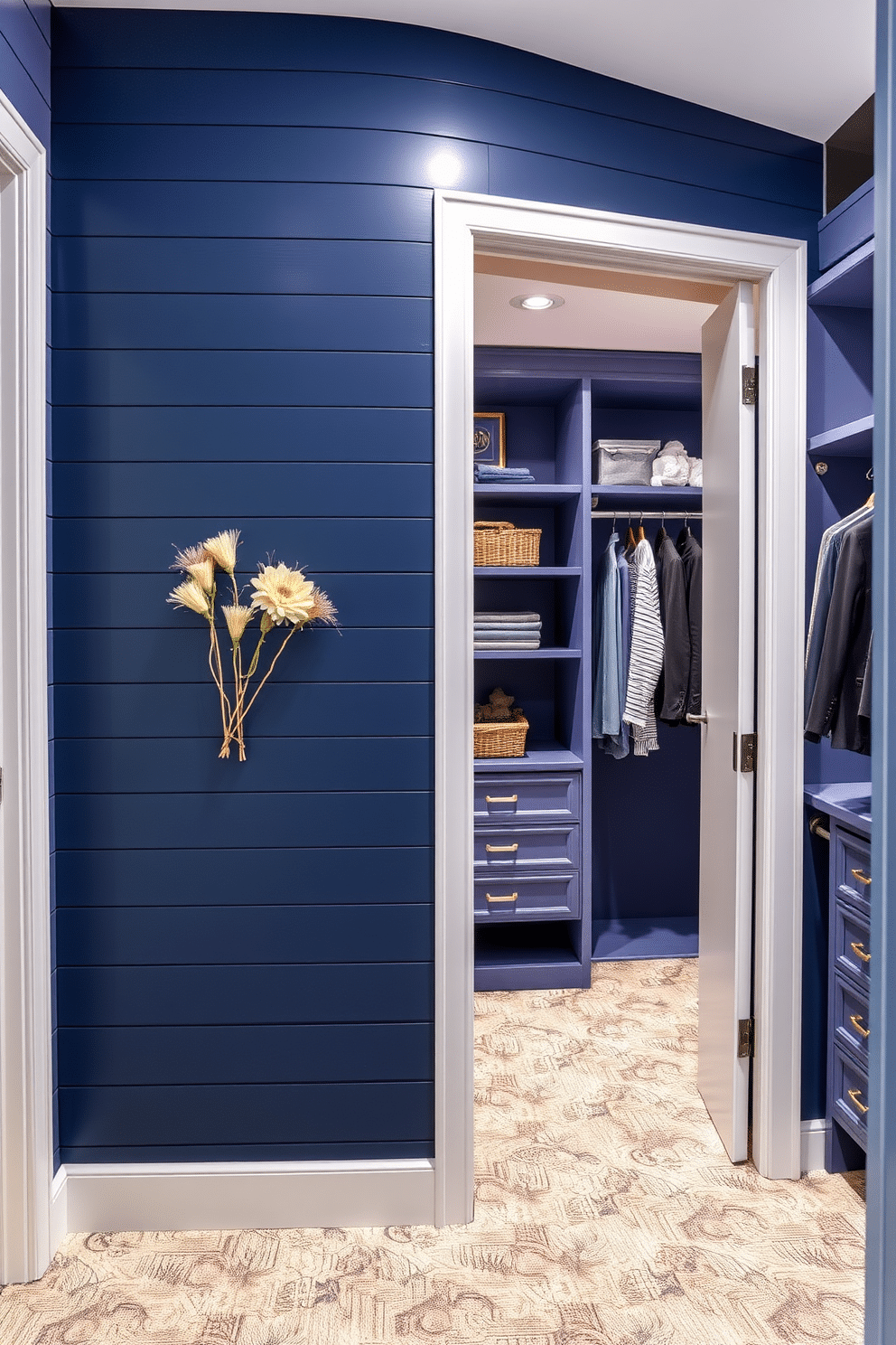 Accent wall with blue shiplap paneling. The wall features a rich navy hue, complemented by warm wood accents and stylish decorative elements, creating a cozy yet modern atmosphere. Blue walk-in closet design ideas. The space includes custom shelving and hanging areas, all accented with soft lighting that highlights the elegant blue tones and enhances the overall organization and accessibility.