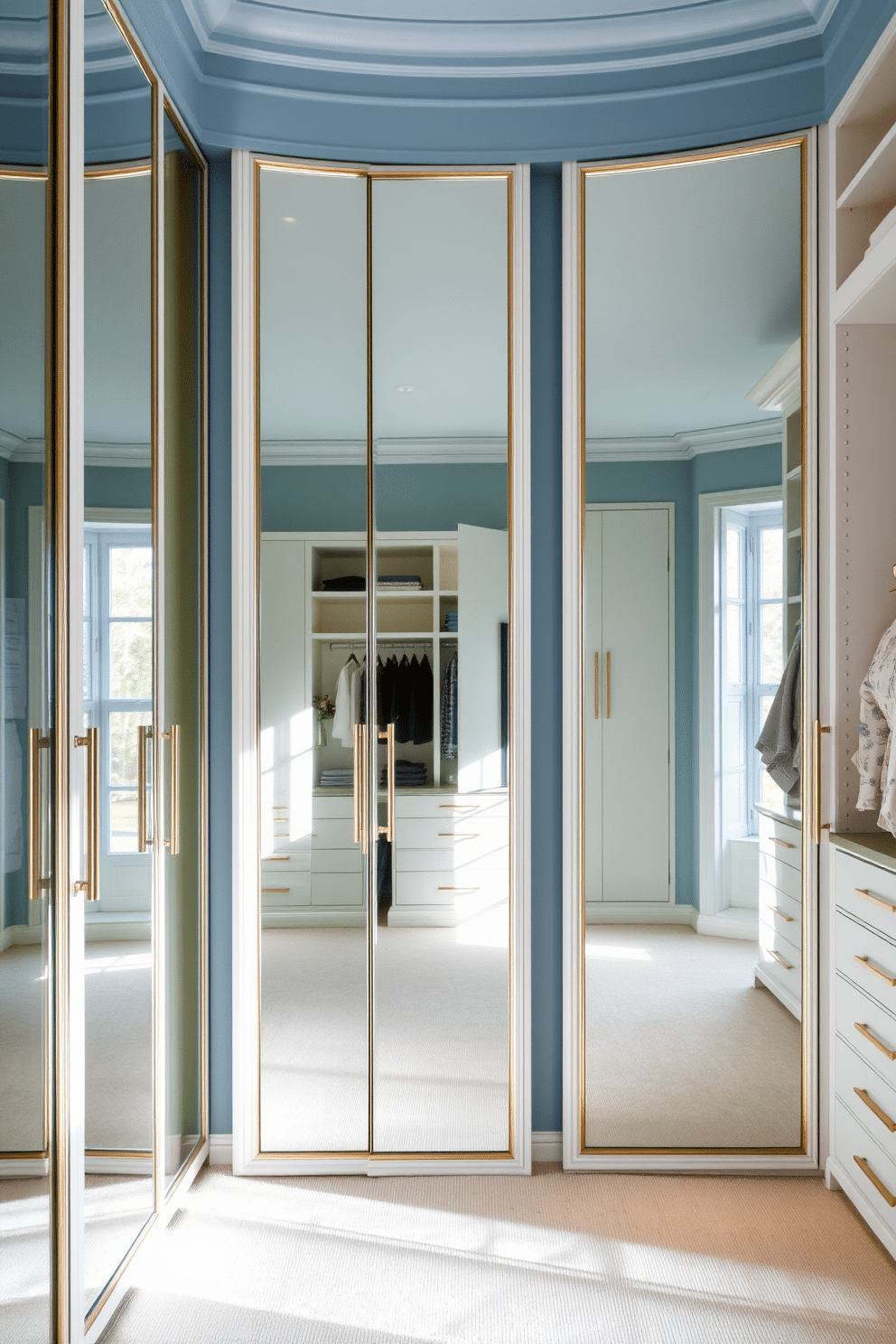 A luxurious walk-in closet featuring mirrored wardrobe doors that reflect natural light, creating an airy and spacious atmosphere. The walls are painted in a soft blue hue, complemented by elegant shelving and storage solutions that enhance organization and style.