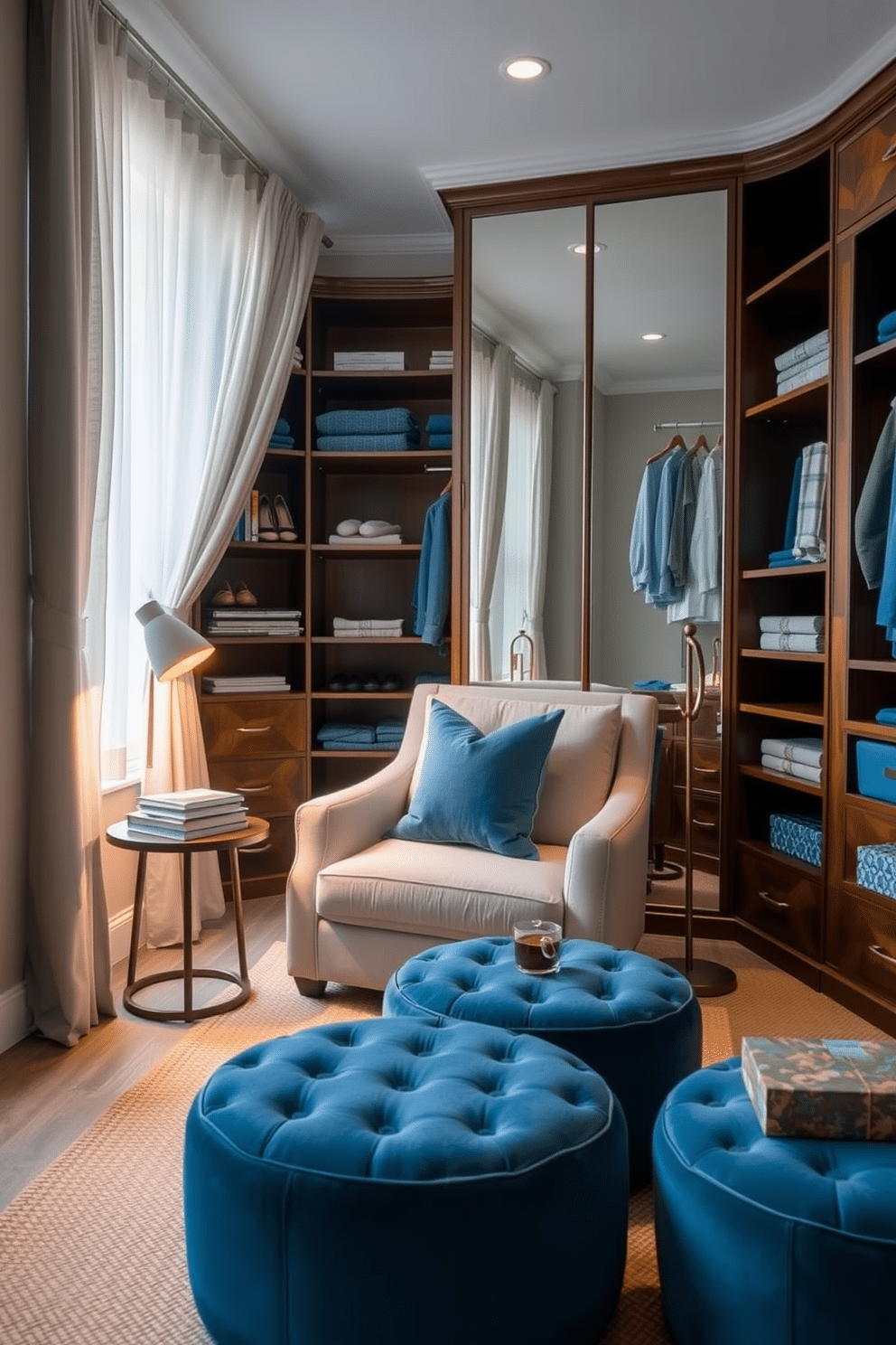 Cozy reading nook with blue cushions. A plush armchair is positioned by a large window, draped with soft, sheer curtains that allow natural light to filter in. A small side table holds a stack of books and a steaming cup of tea, while a floor lamp with a warm glow illuminates the space. The walls are painted in a calming light gray, and a woven rug adds texture underfoot. Blue Walk-In-Closet Design Ideas. The closet features custom shelving and hanging space, with rich wooden cabinetry that provides ample storage for shoes and accessories. Soft blue accents, such as velvet ottomans and decorative boxes, complement the sleek design, while a large mirror enhances the sense of space and light.