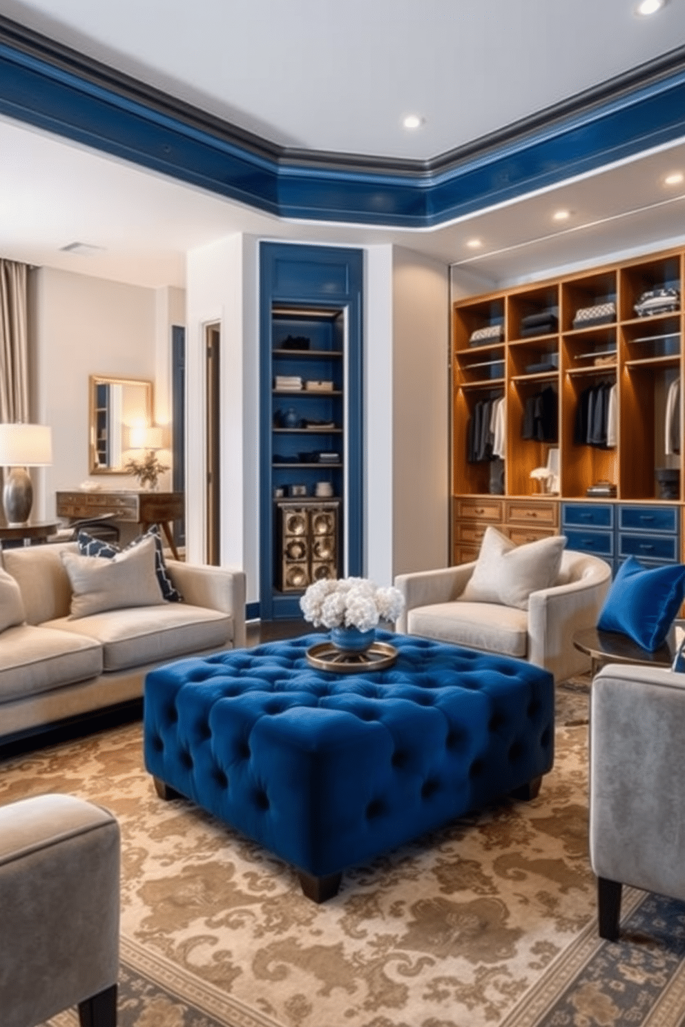 A luxurious blue velvet ottoman sits elegantly in the center of a spacious living room, providing stylish seating and a touch of opulence. Surrounding the ottoman are plush, neutral-toned sofas and an intricate area rug that enhances the overall aesthetic. The walk-in closet features custom shelving and hanging space, designed with a modern flair in mind. Soft, ambient lighting illuminates the rich blue accents and polished wood finishes, creating a sophisticated and organized dressing area.