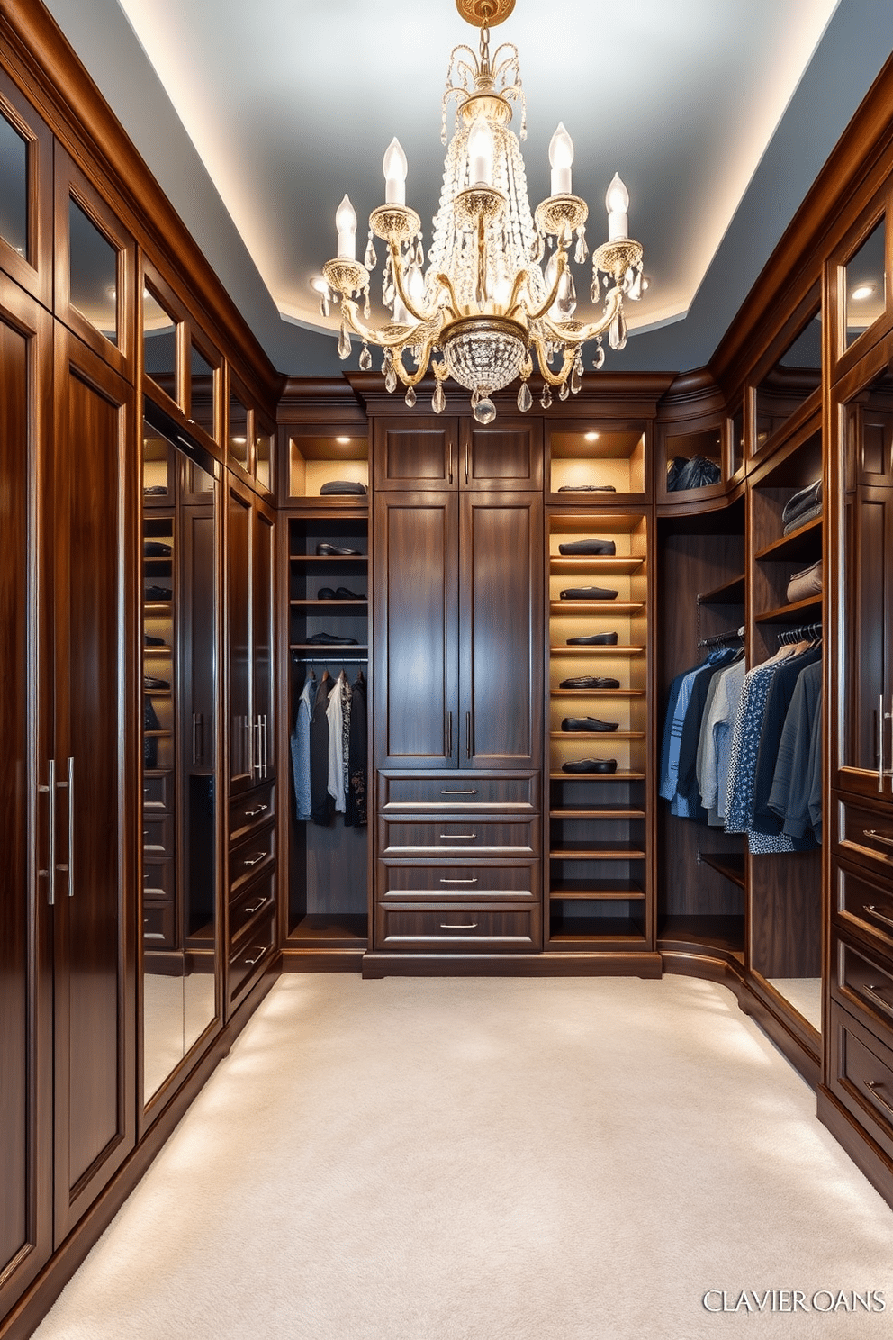 A luxurious walk-in closet featuring a stunning chandelier that hangs elegantly from a soft blue ceiling. The space is adorned with custom cabinetry in a rich wood finish, complemented by plush carpeting and stylish lighting that highlights the organized shelving and hanging areas.