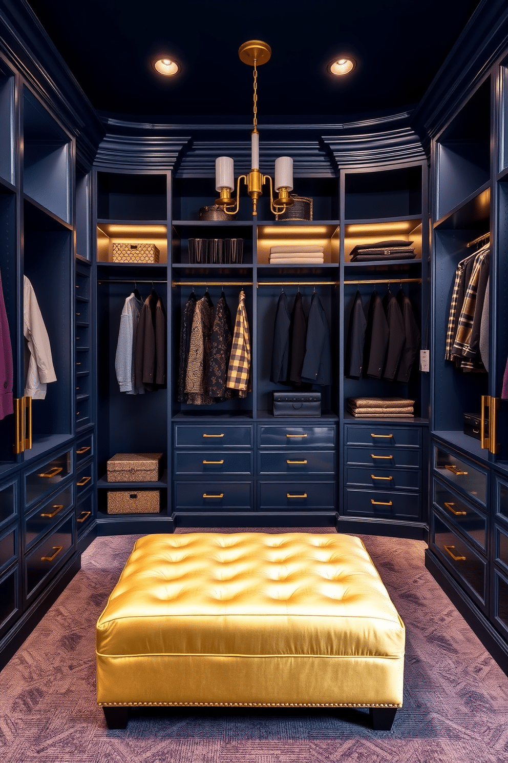 A luxurious walk-in closet featuring a blue and gold color scheme. The walls are painted a deep navy blue, complemented by gold accents in the lighting fixtures and hardware. Custom shelving and hanging space are designed to maximize storage while maintaining an elegant aesthetic. A plush gold ottoman is placed in the center, inviting relaxation amidst the stylish organization.