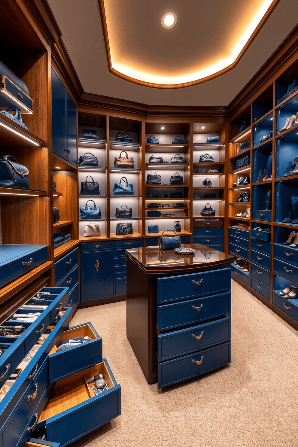 A luxurious walk-in closet featuring custom blue drawer organizers designed for accessories. The organizers are elegantly arranged within a spacious layout, complemented by soft LED lighting and plush carpet underfoot. The closet showcases floor-to-ceiling shelving adorned with designer handbags and shoes, while a central island provides additional storage and display space. Rich wooden accents contrast beautifully with the blue organizers, creating a sophisticated and functional space.