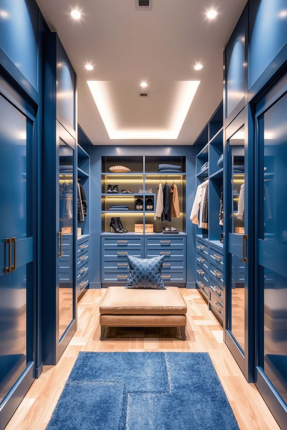 A modern walk-in closet featuring sliding blue doors that seamlessly blend functionality with style. The interior is organized with custom shelving, elegant lighting, and a plush seating area for convenience. The closet showcases a rich blue color palette, complemented by sleek metallic accents and soft textiles. Ample storage solutions, including drawers and hanging spaces, create an inviting and efficient space for wardrobe organization.