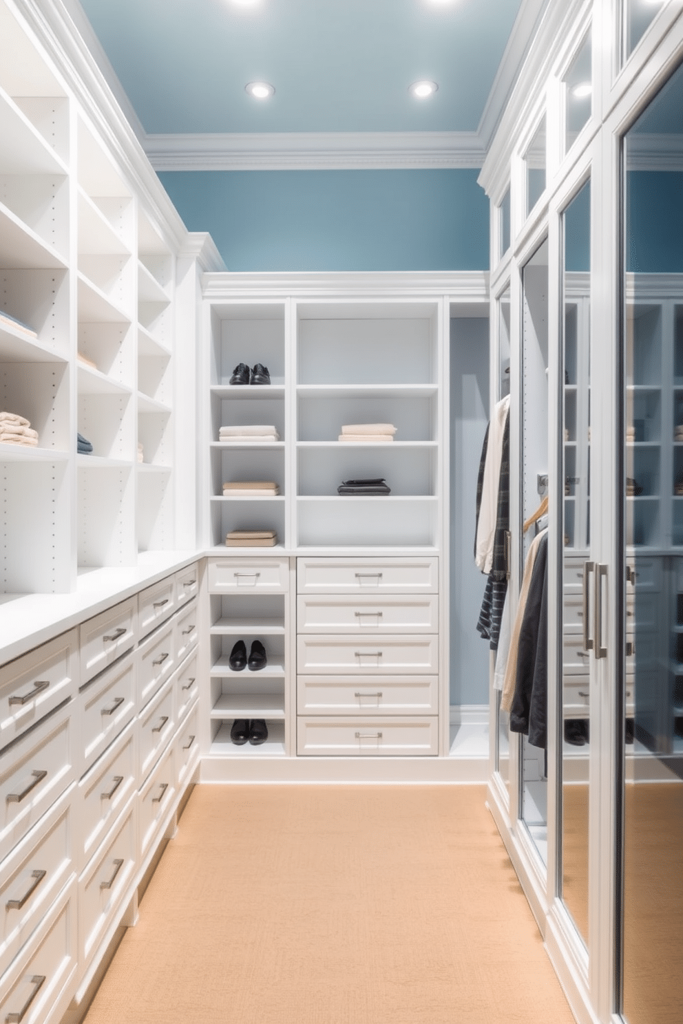 A luxurious walk-in closet featuring sky blue walls that create a serene atmosphere. The space is adorned with elegant white shelving, providing ample storage for clothing and accessories while maintaining a clean and airy aesthetic.