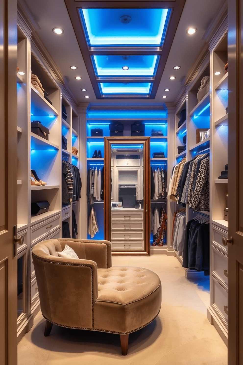 A luxurious walk-in closet featuring blue accent lighting that creates a dramatic atmosphere. The space is adorned with custom shelving and hanging areas, showcasing a variety of clothing and accessories against a backdrop of soft, neutral walls. A plush seating area is included, with a stylish ottoman and a full-length mirror framed in elegant wood. The blue accent lighting highlights the textures of the fabrics and the sheen of the accessories, adding a sophisticated touch to the overall design.