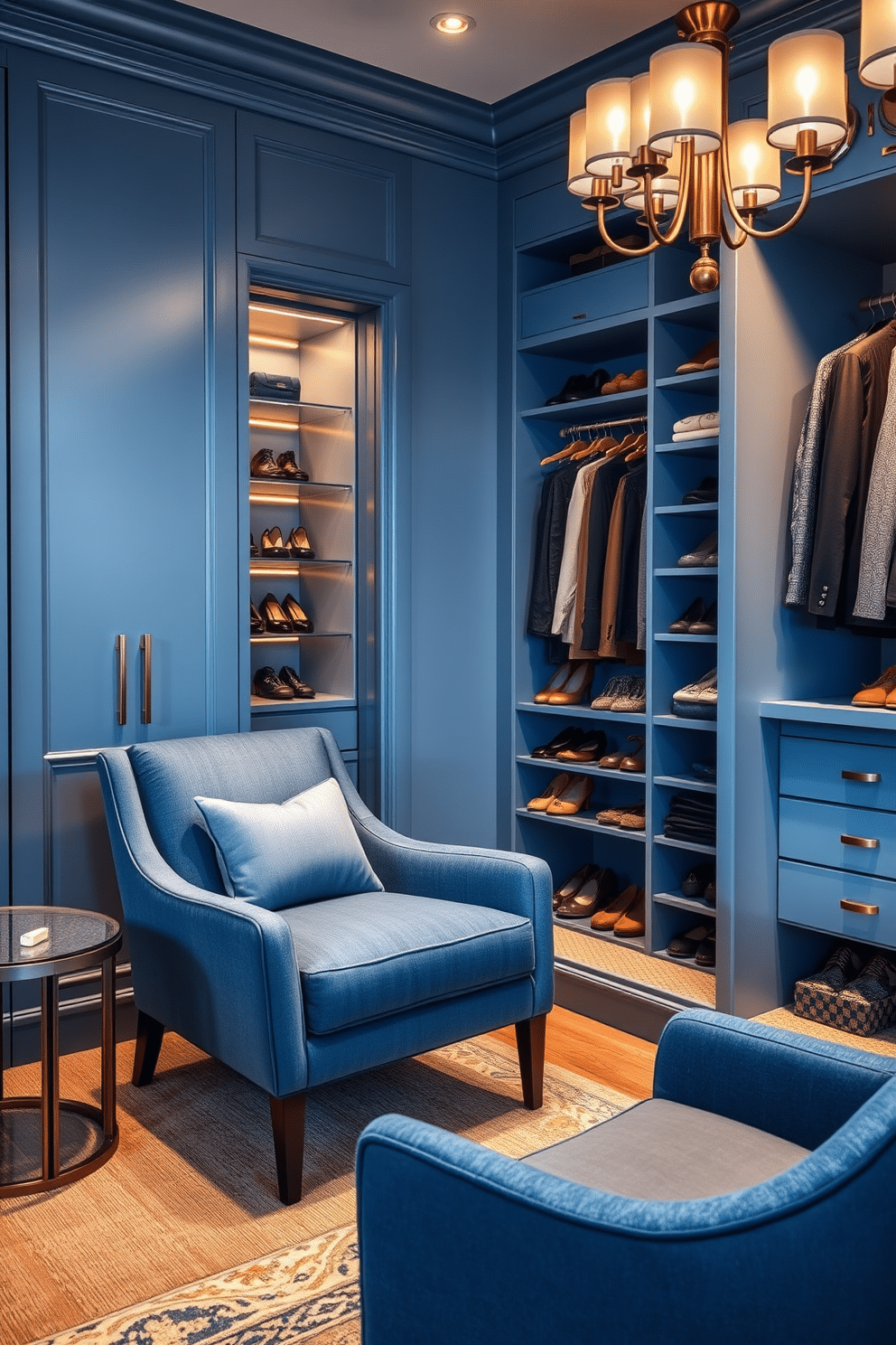 A chic blue armchair is positioned in the corner of the room, upholstered in a luxurious fabric that invites relaxation. Its elegant design features sleek lines and a plush cushion, making it a perfect addition to a stylish living space. The walk-in closet boasts a sophisticated layout with custom shelving and hanging space, all accented by soft blue tones. Elegant lighting fixtures illuminate the space, highlighting the organized arrangement of shoes and accessories while providing a serene atmosphere.