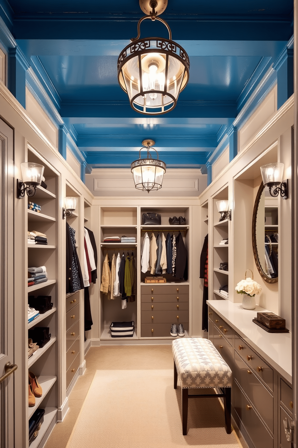 A stylish walk-in closet featuring painted blue ceiling beams that add a pop of color and visual interest. The space is organized with custom shelving and hanging areas, complemented by elegant lighting fixtures that enhance the overall ambiance.