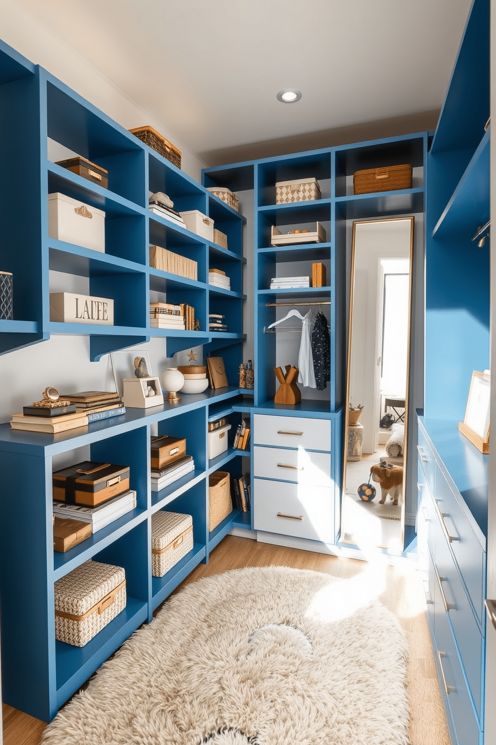 A stylish walk-in closet features floating blue shelves that elegantly display an array of decor items, from chic storage boxes to curated books and decorative accents. The walls are painted a soft white, creating a bright and airy atmosphere, while a plush area rug adds warmth underfoot. The closet is designed with ample hanging space and organized drawers, ensuring functionality meets aesthetics. A full-length mirror is positioned strategically to enhance the sense of space, reflecting the beautiful decor on the shelves.