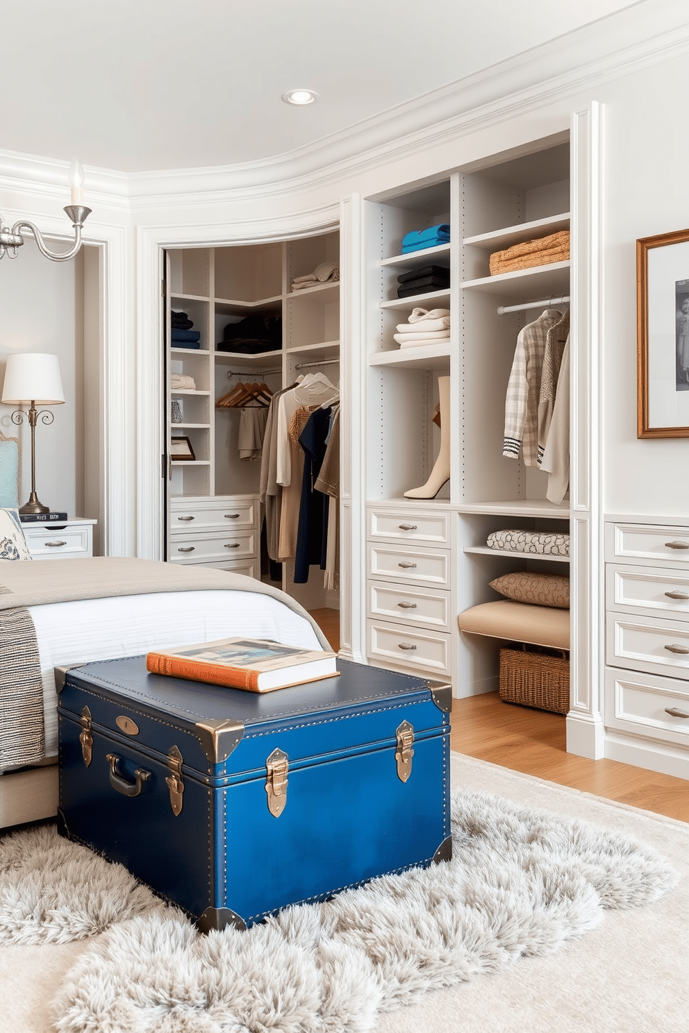 A vintage blue trunk sits elegantly in the corner of a chic bedroom, serving as both a stylish storage solution and a decorative accent. The trunk is adorned with brass hardware and sits atop a plush, neutral-toned area rug, complementing the room's overall aesthetic. The walk-in closet features custom shelving and hanging space, designed in a soft white finish that enhances the room's brightness. Elegant lighting fixtures illuminate the space, while a cozy seating area invites relaxation amidst the organized luxury.