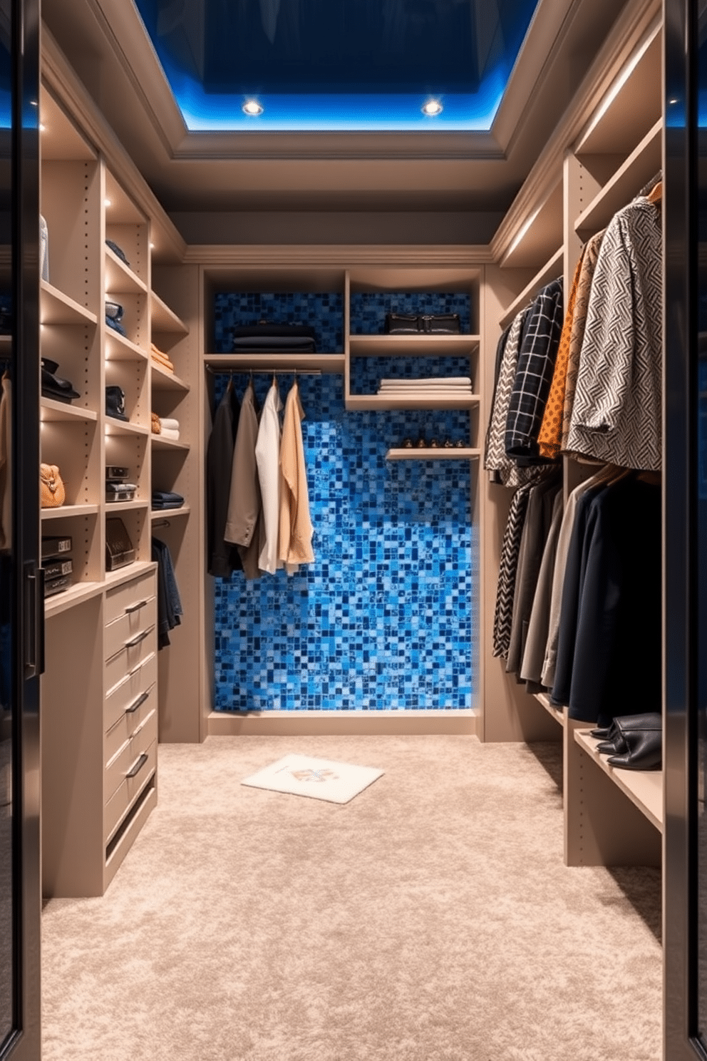 A luxurious walk-in closet featuring a blue mosaic tile backsplash that adds a vibrant pop of color. The space is elegantly organized with custom shelving, plush carpeting, and soft lighting that highlights the rich textures of the fabrics and accessories.