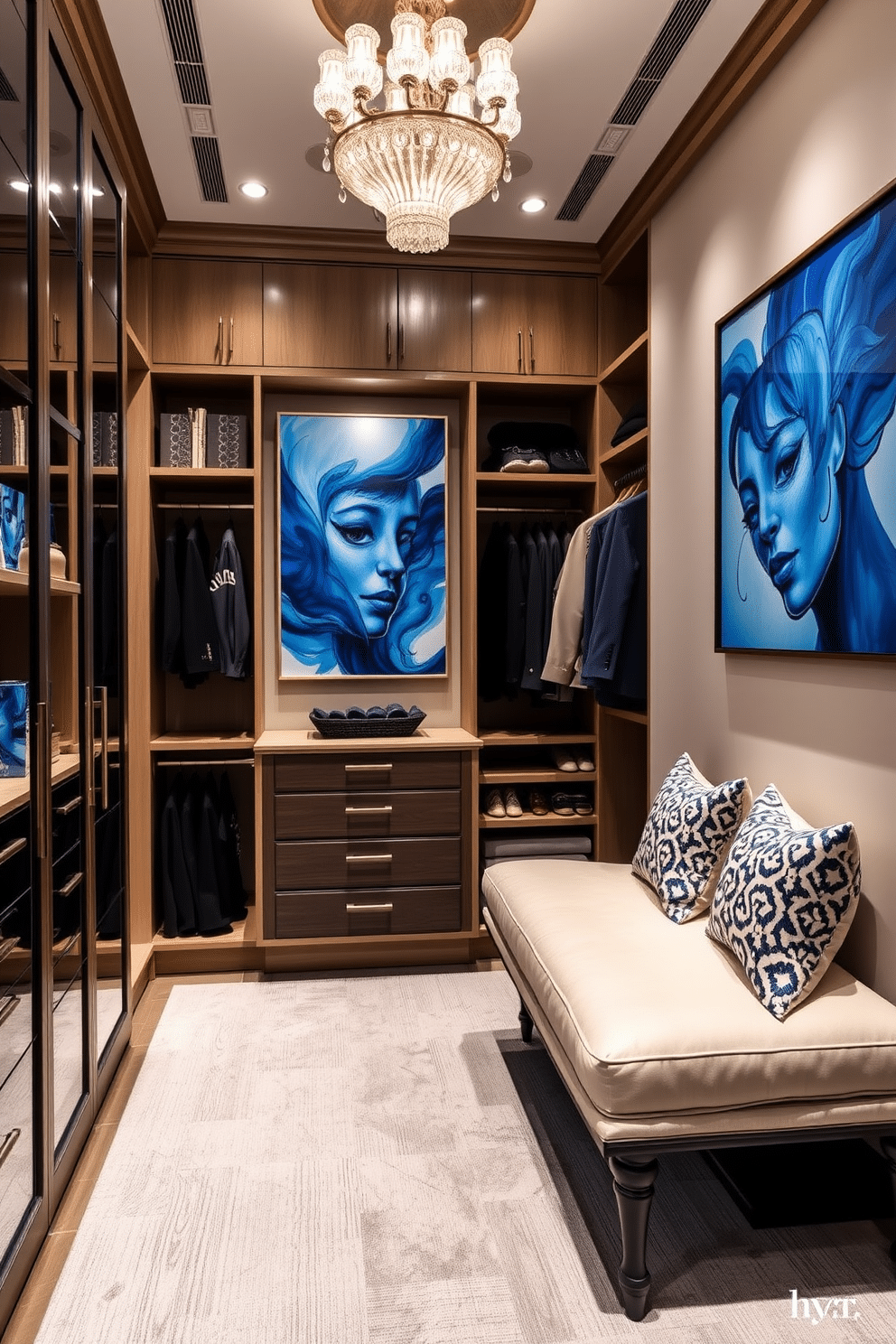 A luxurious walk-in closet featuring bold blue artwork that enhances the overall decor. The closet is spacious, with custom shelving and hanging space, complemented by a plush seating area adorned with stylish cushions.