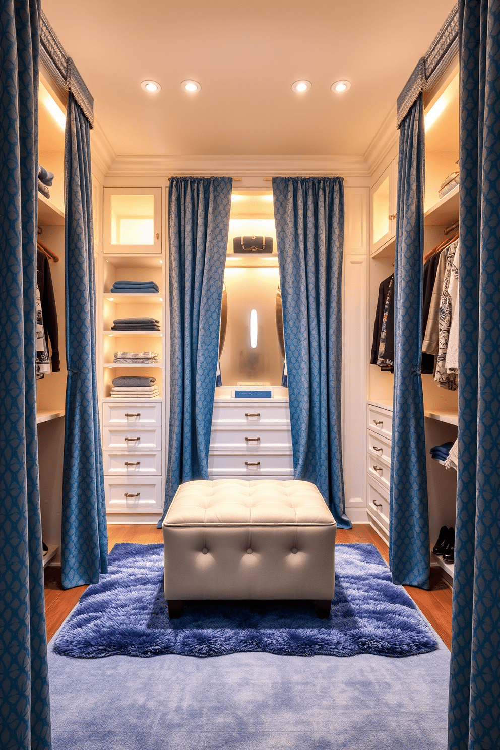 A serene walk-in closet adorned with blue patterned curtains that gently frame the entrance, adding a soft touch to the space. The interior features elegant shelving and hanging areas, complemented by a plush rug in a coordinating shade of blue. The closet is illuminated by warm lighting that highlights the rich textures of the materials used. A stylish ottoman sits in the center, providing a cozy spot to sit while selecting outfits, enhancing the overall luxurious feel of the design.