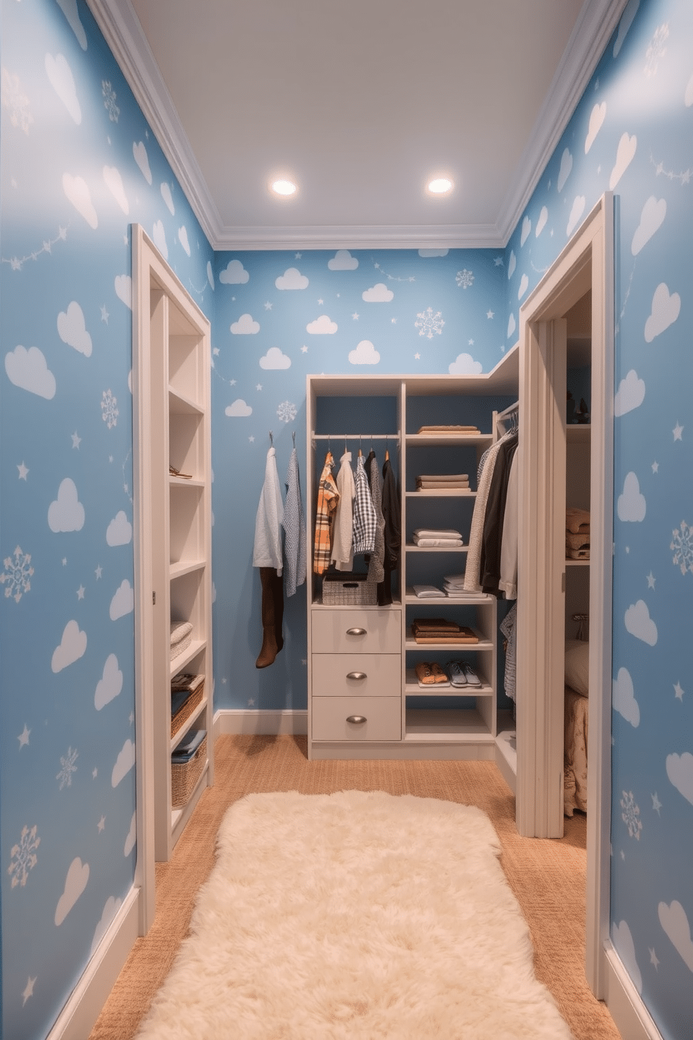 A whimsical blue wallpaper adorns the walls, featuring playful motifs like clouds and stars that create a dreamy atmosphere. The walk-in closet is designed with ample shelving and hanging space, complemented by a plush area rug in soft white to enhance comfort and style.