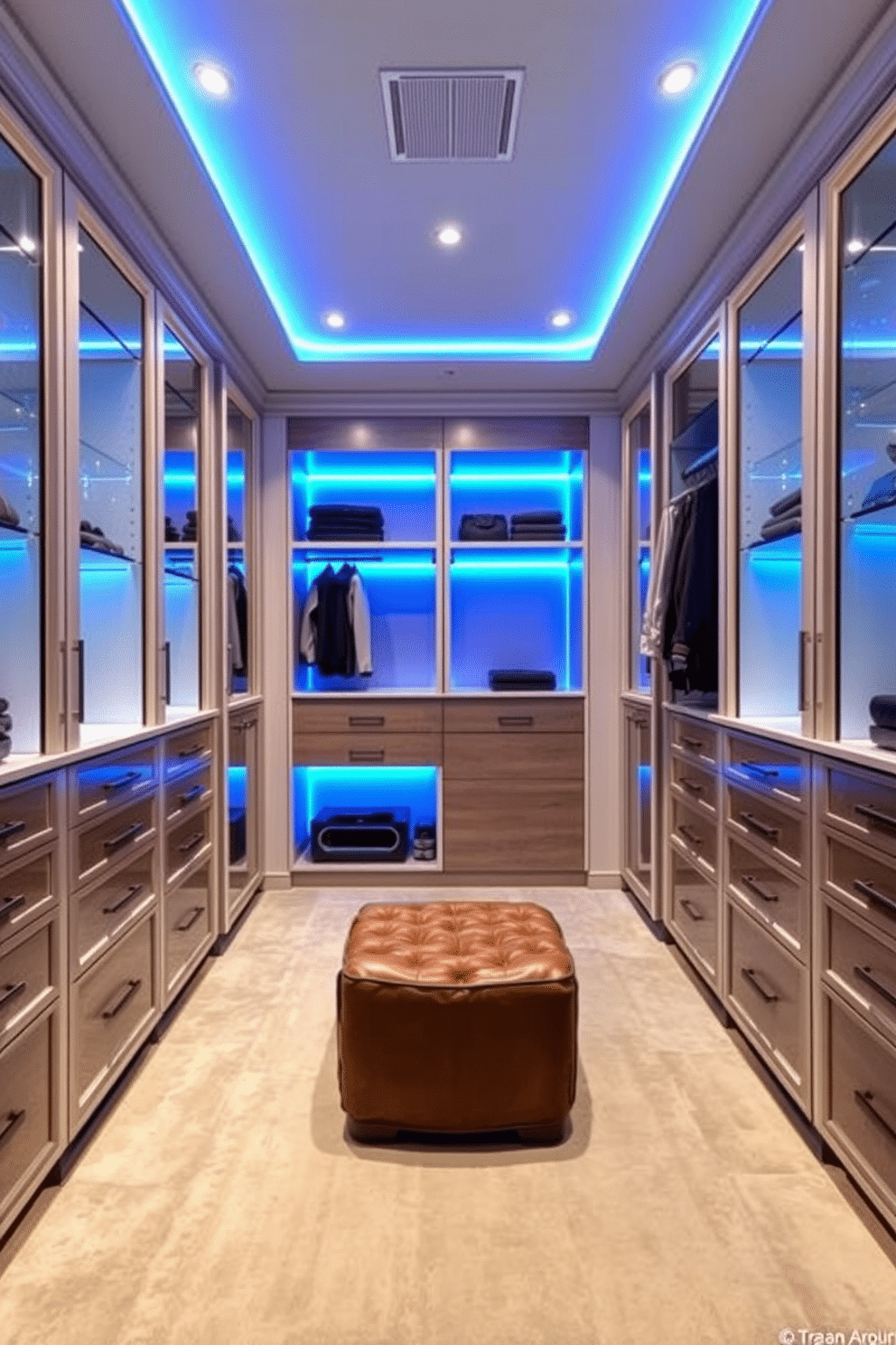 A luxurious walk-in closet featuring integrated blue lighting under sleek, modern shelves. The space is adorned with elegant cabinetry, plush carpeting, and a stylish ottoman in the center, creating a sophisticated atmosphere.