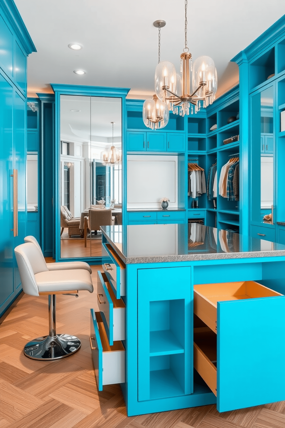 A stunning turquoise kitchen island features sleek, organized drawers that provide ample storage while maintaining a clean aesthetic. The island is complemented by elegant bar stools, and overhead pendant lights cast a warm glow over the space. The blue walk-in closet is designed with custom shelving and hanging space, creating an organized and luxurious environment. Large mirrors on the walls enhance the sense of space, and stylish lighting fixtures add a touch of glamour to the overall design.