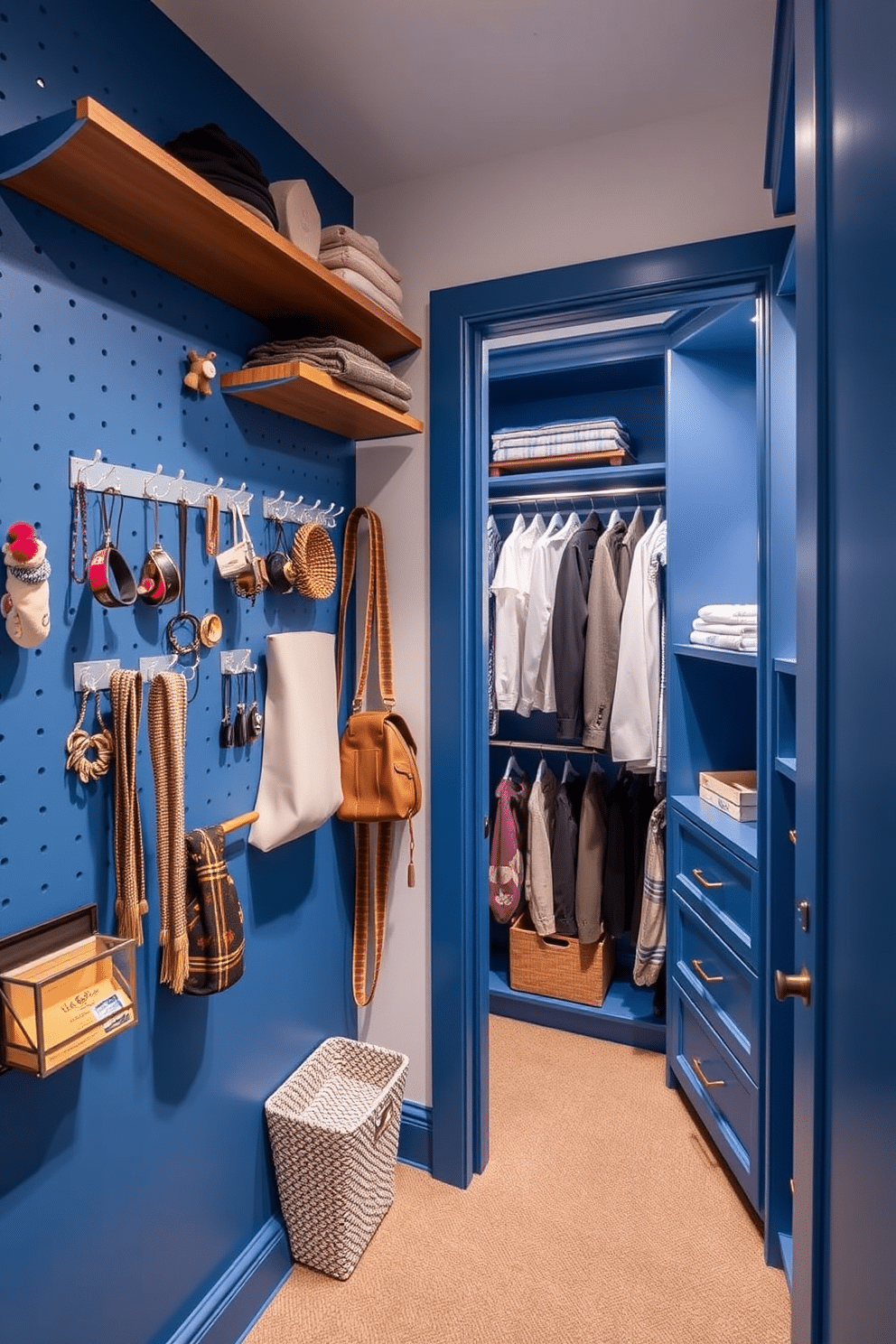 A functional blue pegboard serves as a stylish backdrop for organizing accessories, featuring an array of hooks and shelves to neatly display items. The vibrant blue color adds a pop of personality to the space while maintaining a clean and organized look. The walk-in closet design showcases ample storage space with custom shelving and hanging options, all in a cohesive blue theme. Soft lighting illuminates the area, enhancing the rich tones of the cabinetry and creating an inviting atmosphere for selecting outfits.