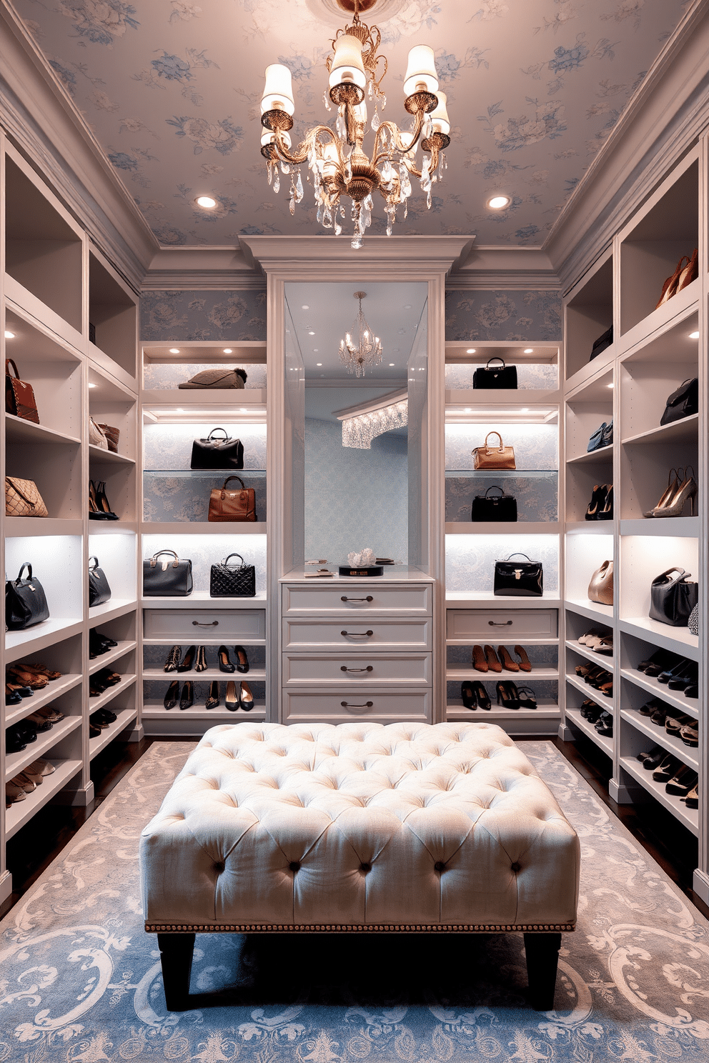 A luxurious walk-in closet featuring soft blue wallpaper adorned with delicate floral patterns. The space is illuminated by elegant chandelier lighting, creating a serene and inviting atmosphere. Custom-built shelving lines the walls, showcasing an array of designer handbags and shoes. A plush, cream-colored ottoman sits in the center, providing a comfortable seating area for dressing.