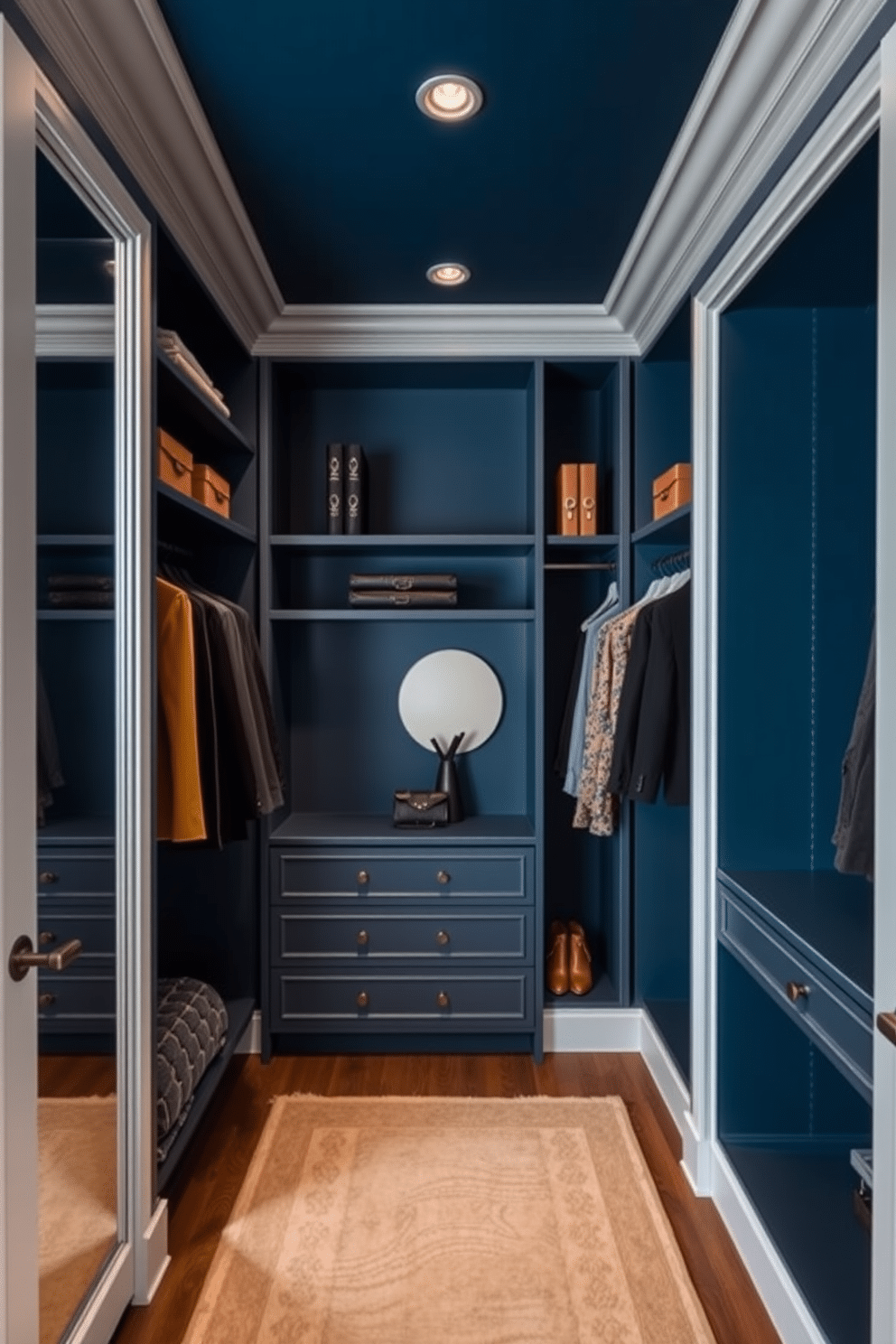 A luxurious walk-in closet featuring deep blue walls adorned with crisp white trim. Elegant shelving units and hanging spaces are strategically placed, showcasing a curated collection of designer clothing and accessories.