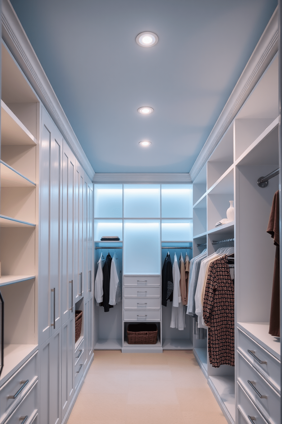 A serene walk-in closet featuring a light blue ceiling adorned with recessed lighting, creating a soft and inviting atmosphere. The space is designed with custom shelving and hanging racks, maximizing storage while maintaining an elegant aesthetic.