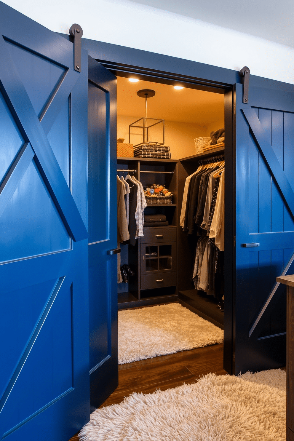 A stylish walk-in closet featuring dark blue barn doors that add a rustic charm to the space. Inside, the closet is organized with custom shelving, elegant lighting, and a plush area rug to create a cozy atmosphere.