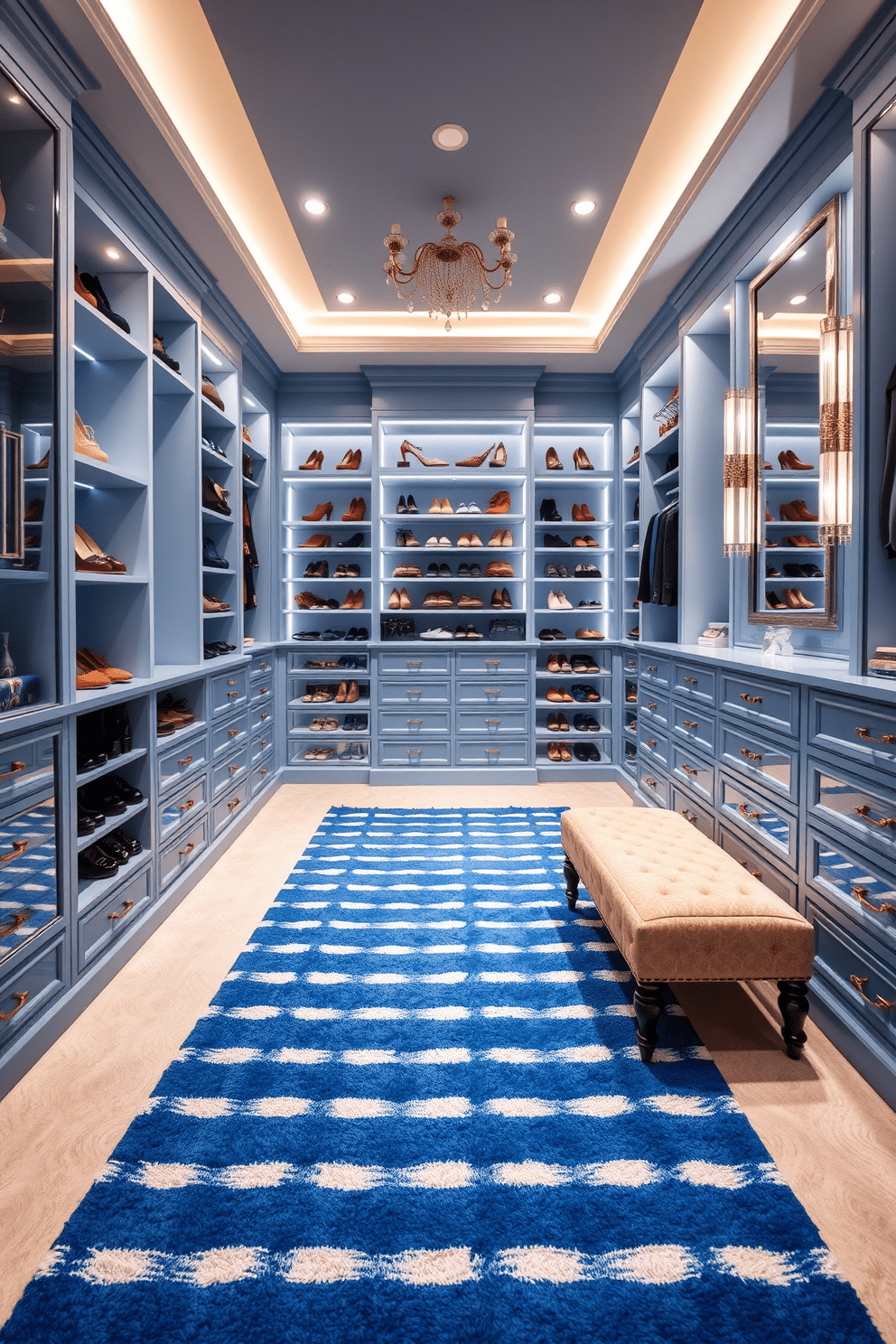 A luxurious walk-in closet featuring blue and white striped rugs that add a striking contrast to the space. The closet is equipped with custom shelving, a plush seating area, and elegant lighting that highlights the organized display of shoes and accessories. The walls are painted in a soft blue hue, complementing the striped rugs, while a large mirror enhances the sense of space. Ample storage solutions are integrated, including drawers and hanging sections, all designed to create a sophisticated and functional environment.