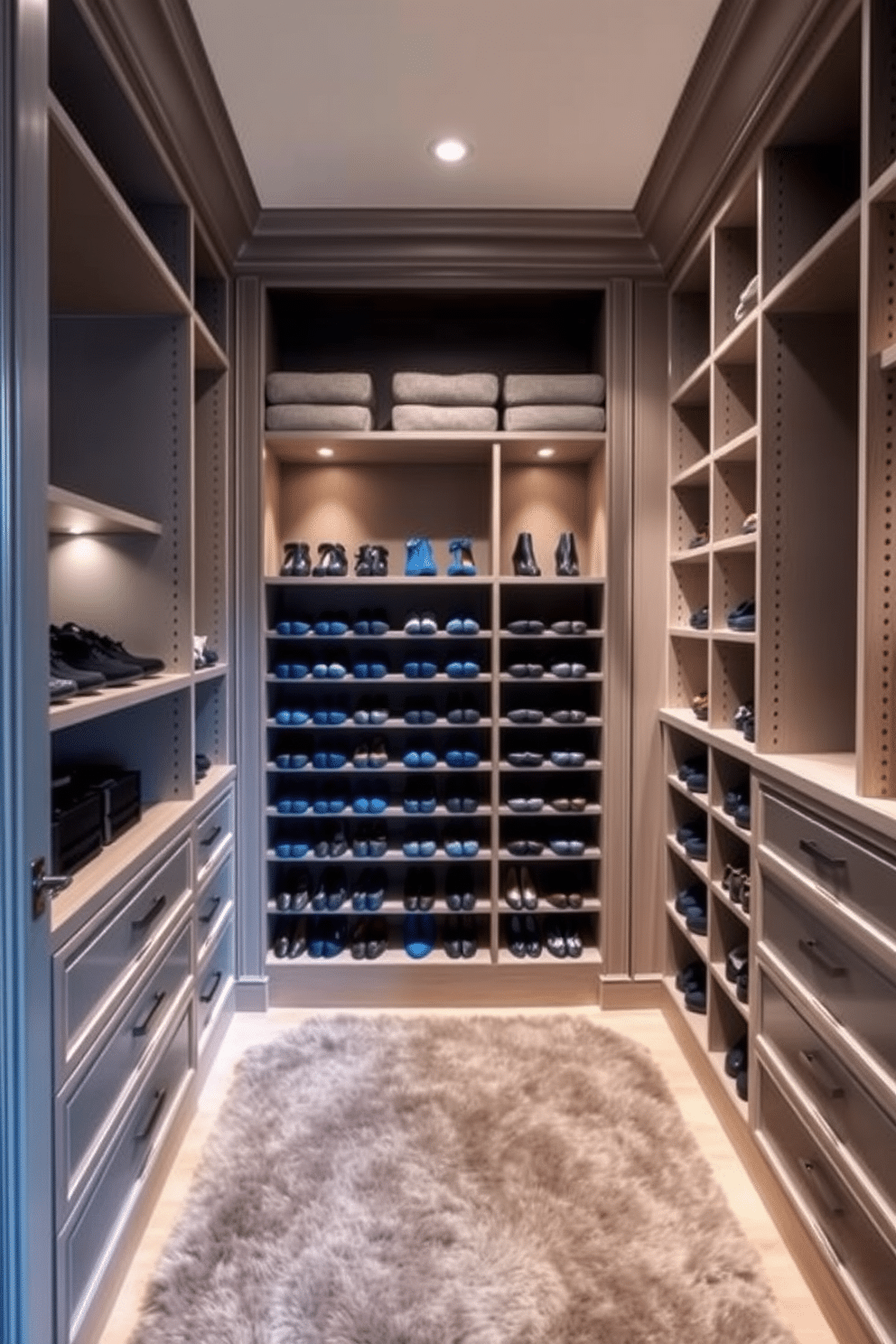 A luxurious walk-in closet featuring built-in blue shoe racks for easy access, designed with ample shelving and elegant lighting. The walls are adorned with soft gray tones, complemented by a plush area rug, creating a sophisticated and inviting atmosphere.