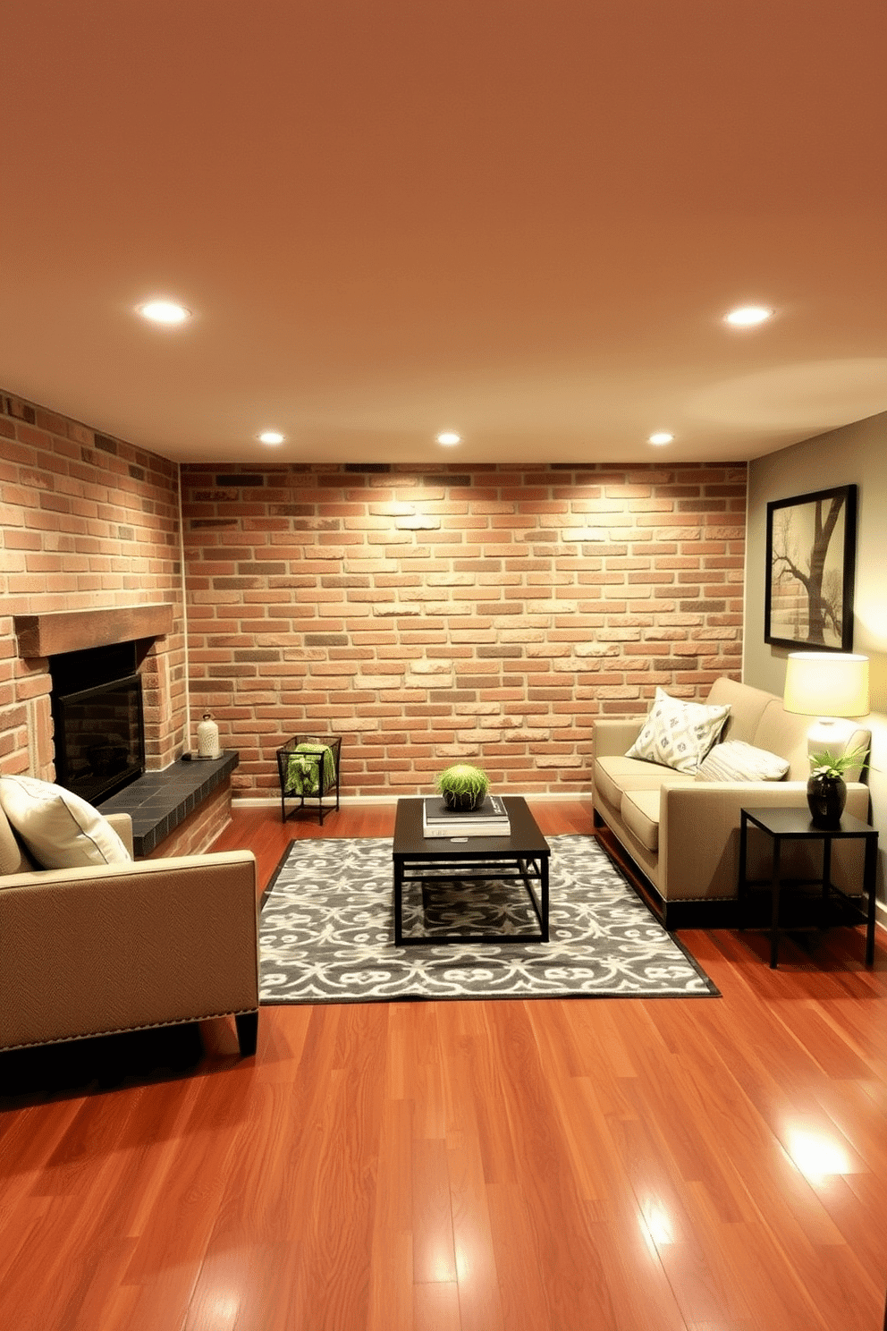 A cozy basement retreat featuring an exposed brick accent wall that adds warmth and character to the space. The flooring is a rich hardwood, contrasting beautifully with the rugged texture of the brick, while plush furniture invites relaxation. The room is illuminated by soft, ambient lighting that highlights the brick's natural tones. A stylish area rug anchors the seating area, creating a welcoming atmosphere perfect for entertaining or unwinding.