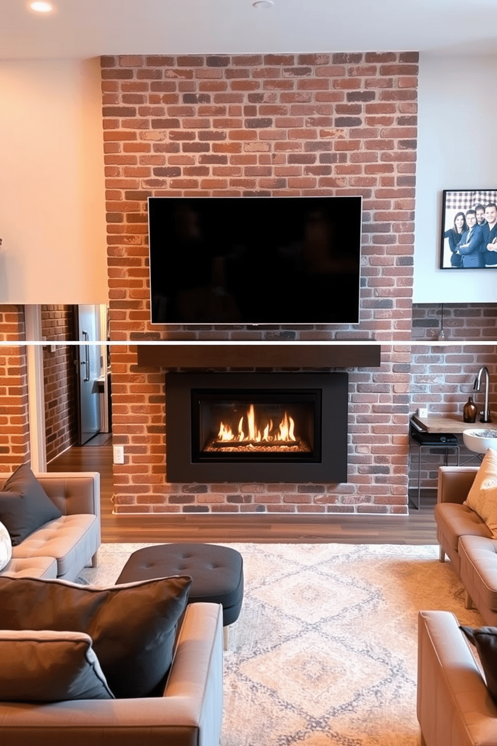 A modern living room featuring a wall-mounted TV directly above a sleek, contemporary fireplace. The space is designed with cozy seating arrangements, warm lighting, and a minimalist aesthetic that emphasizes comfort and style. A stylish brick basement with exposed brick walls that create an industrial yet inviting atmosphere. The design includes a combination of comfortable lounge furniture, a small wet bar, and ambient lighting to enhance the cozy feel of the space.