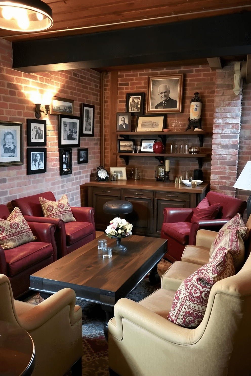 A cozy brick basement featuring vintage decor elements. The space includes a reclaimed wood coffee table, surrounded by plush armchairs upholstered in rich, warm fabrics, and adorned with antique throw pillows. The walls are exposed brick, adding character, while soft lighting from vintage-style sconces creates an inviting atmosphere. A collection of framed vintage photographs hangs above a small bar area, which is accented with rustic shelving displaying glassware and unique decor pieces.